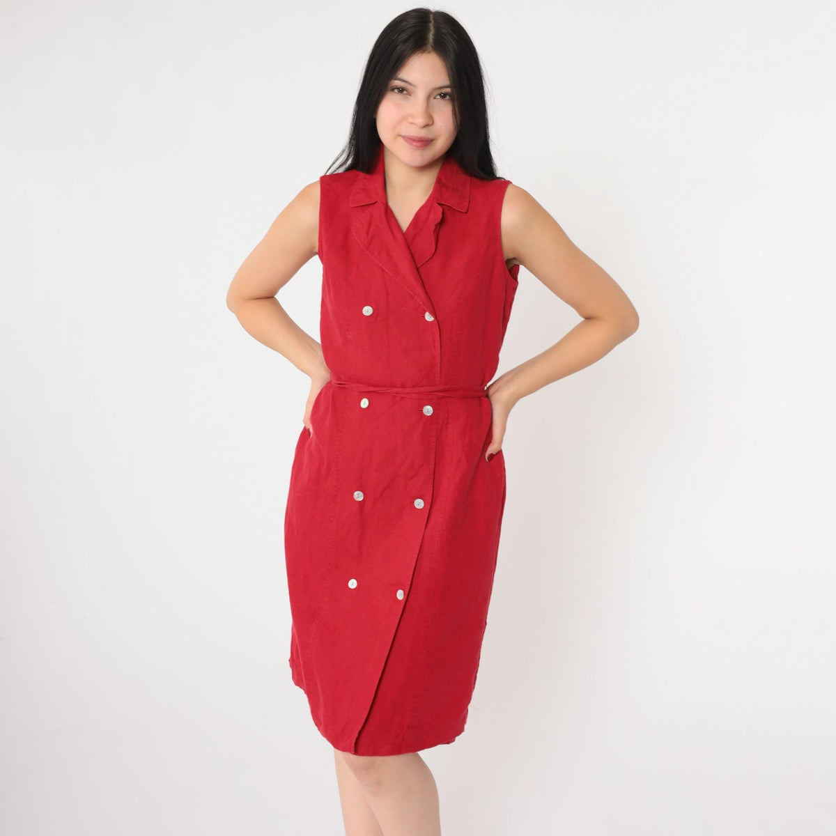 90s Talbots Red Linen Sleeveless Shift Dress Double Breasted Small