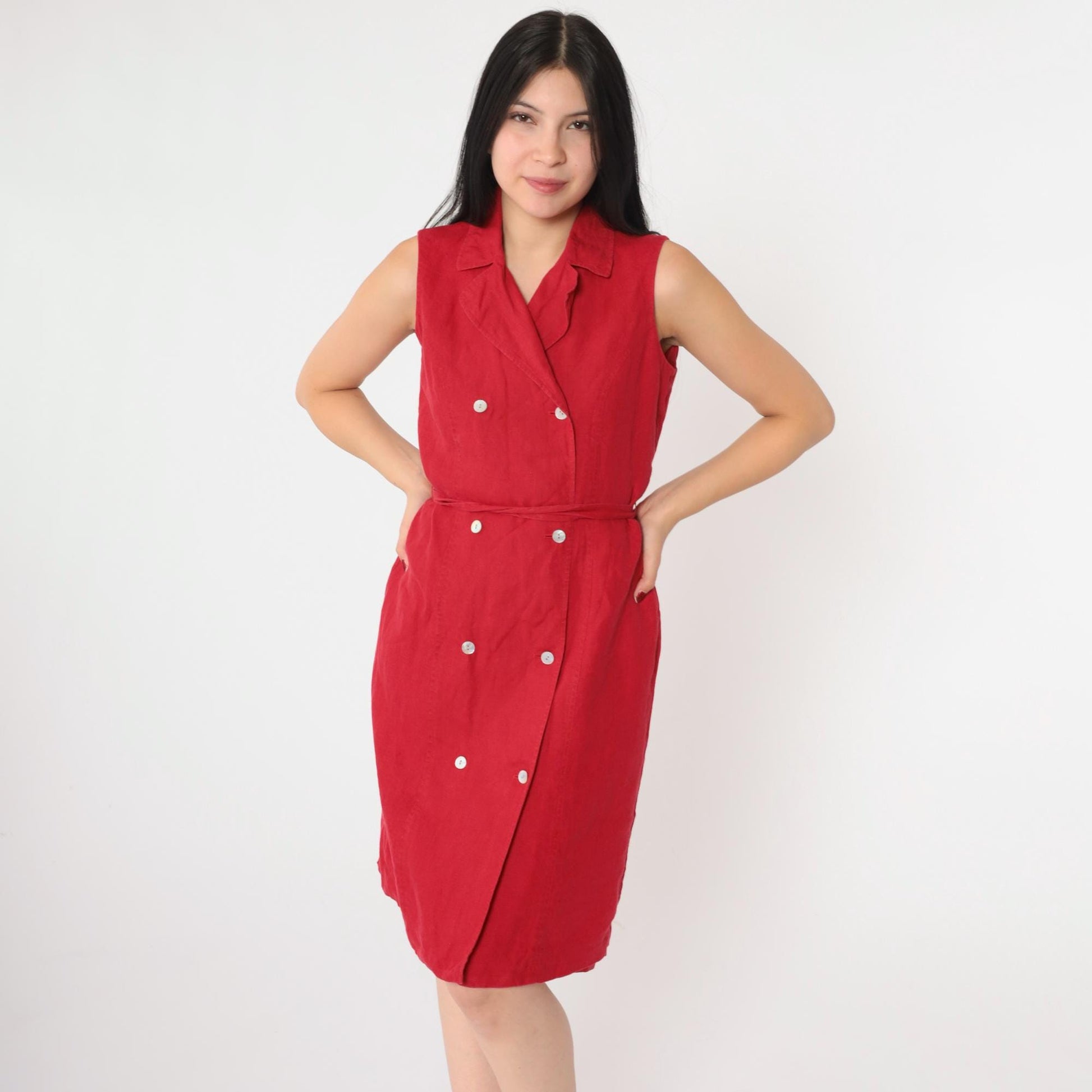 talbots red dress Women's Cotton Dresses 90s Talbots Red Linen Sleeveless