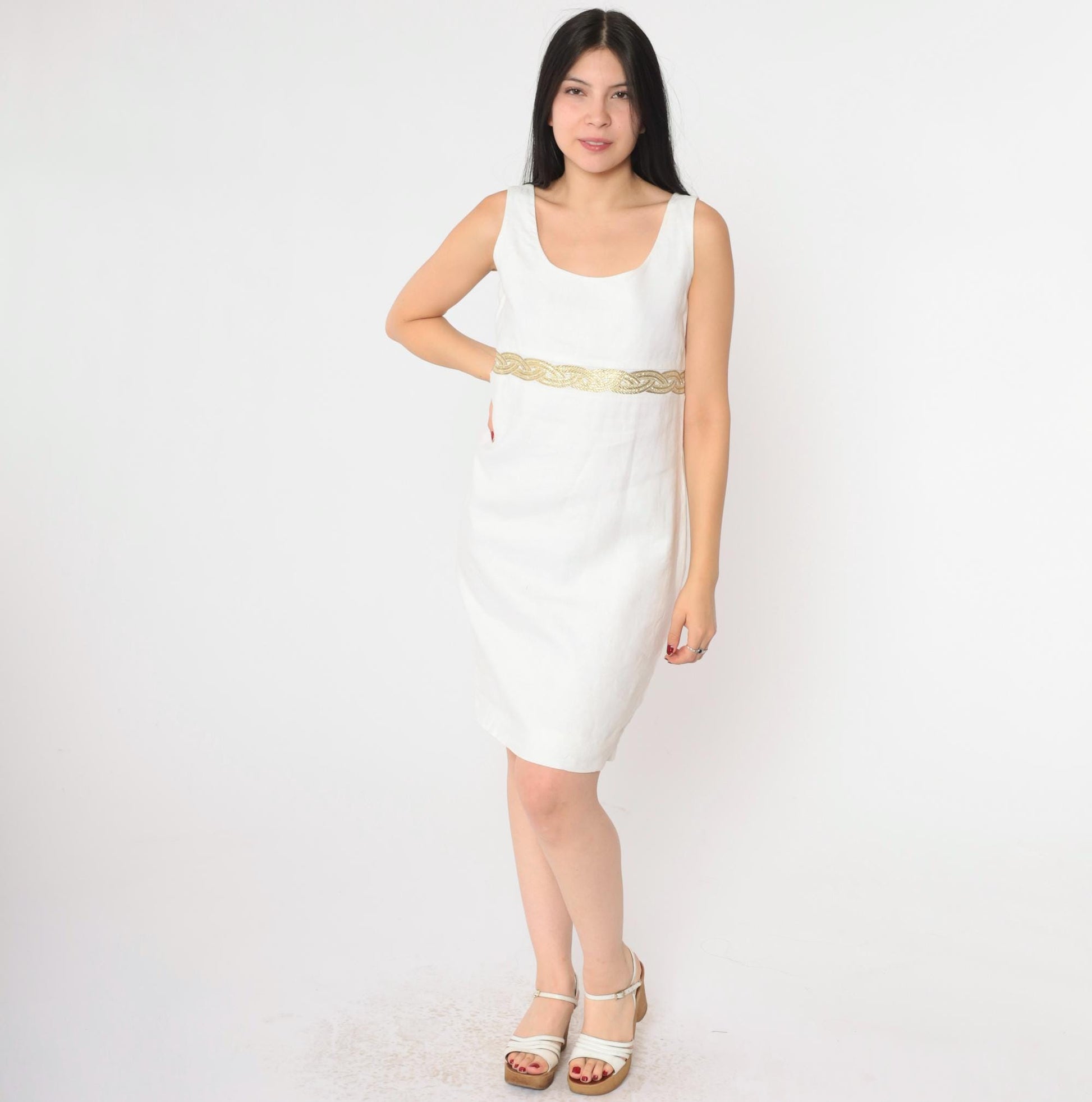 90s White Linen Mini Dress Gold Braided Trim Sleeveless Shift Small 4