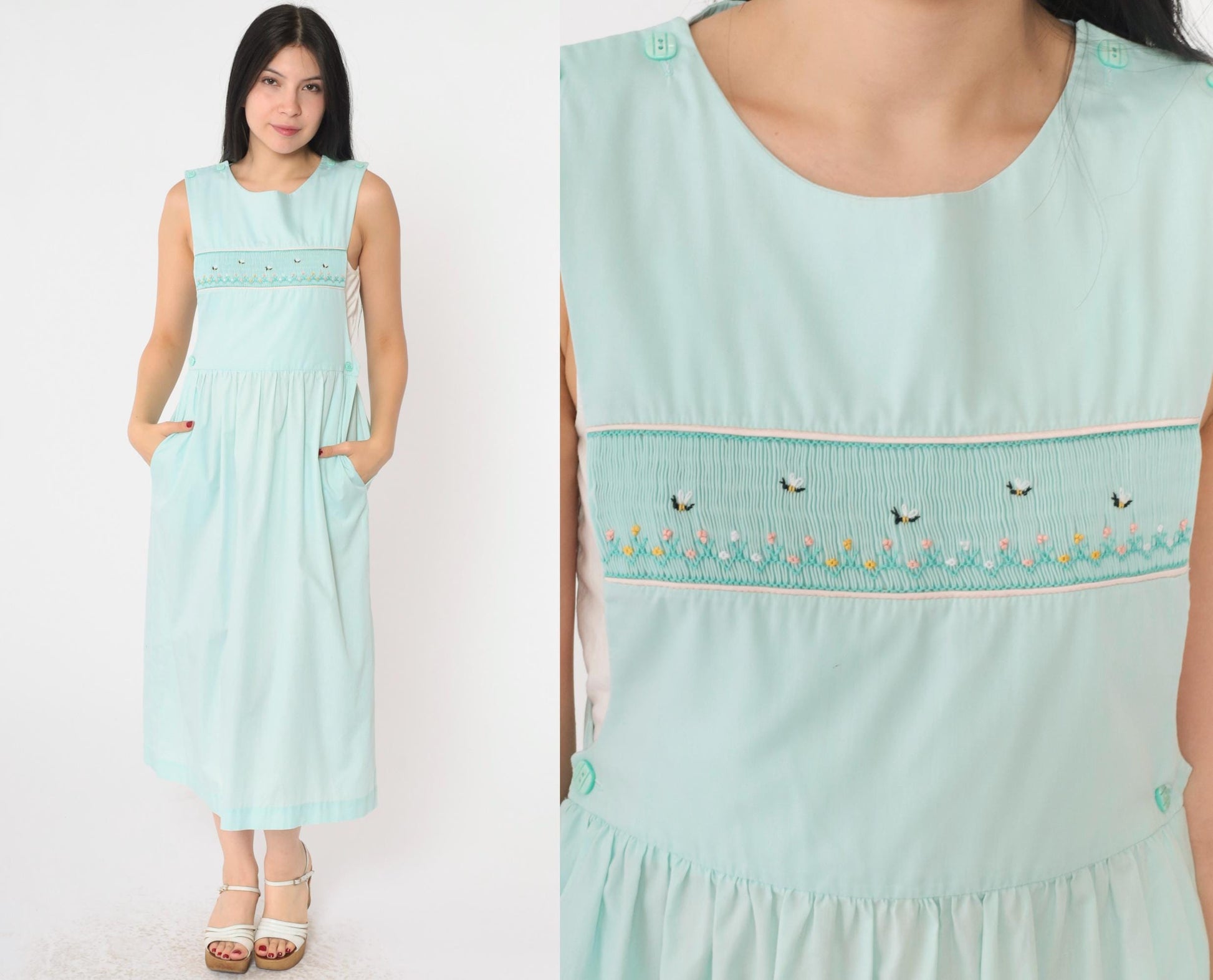 80s Seafoam Embroidered Bumble Bee Floral Midi Pinafore Dress Small
