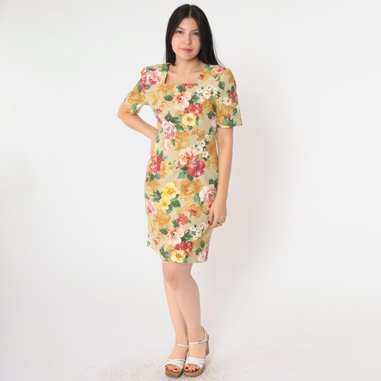 90s Petite Sophisticate Floral Mini Dress Tan Sheath Square Neck Extra Small