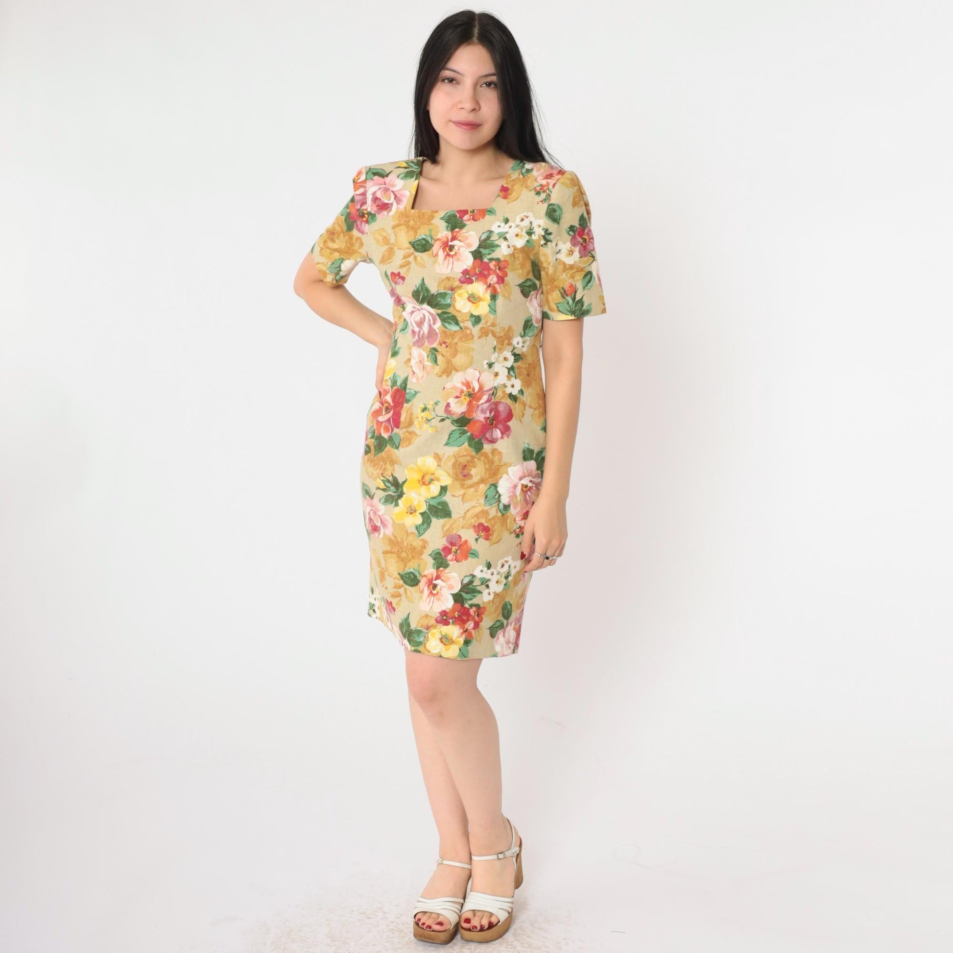 90s Petite Sophisticate Floral Mini Dress Tan Sheath Square Neck Extra Small