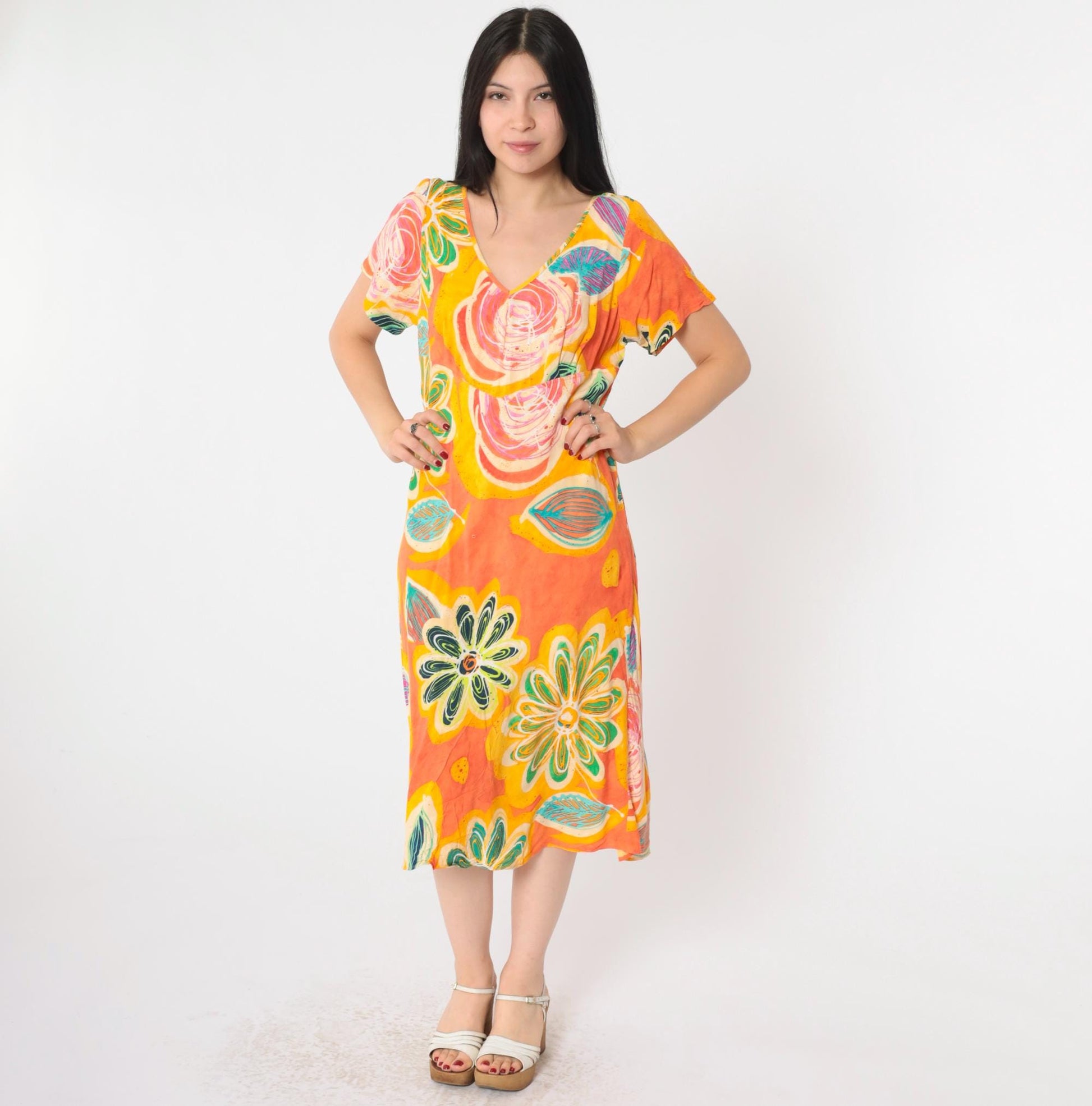 00s Jams World Tropical Floral Midi Dress Abstract Print Silk Orange Large L
