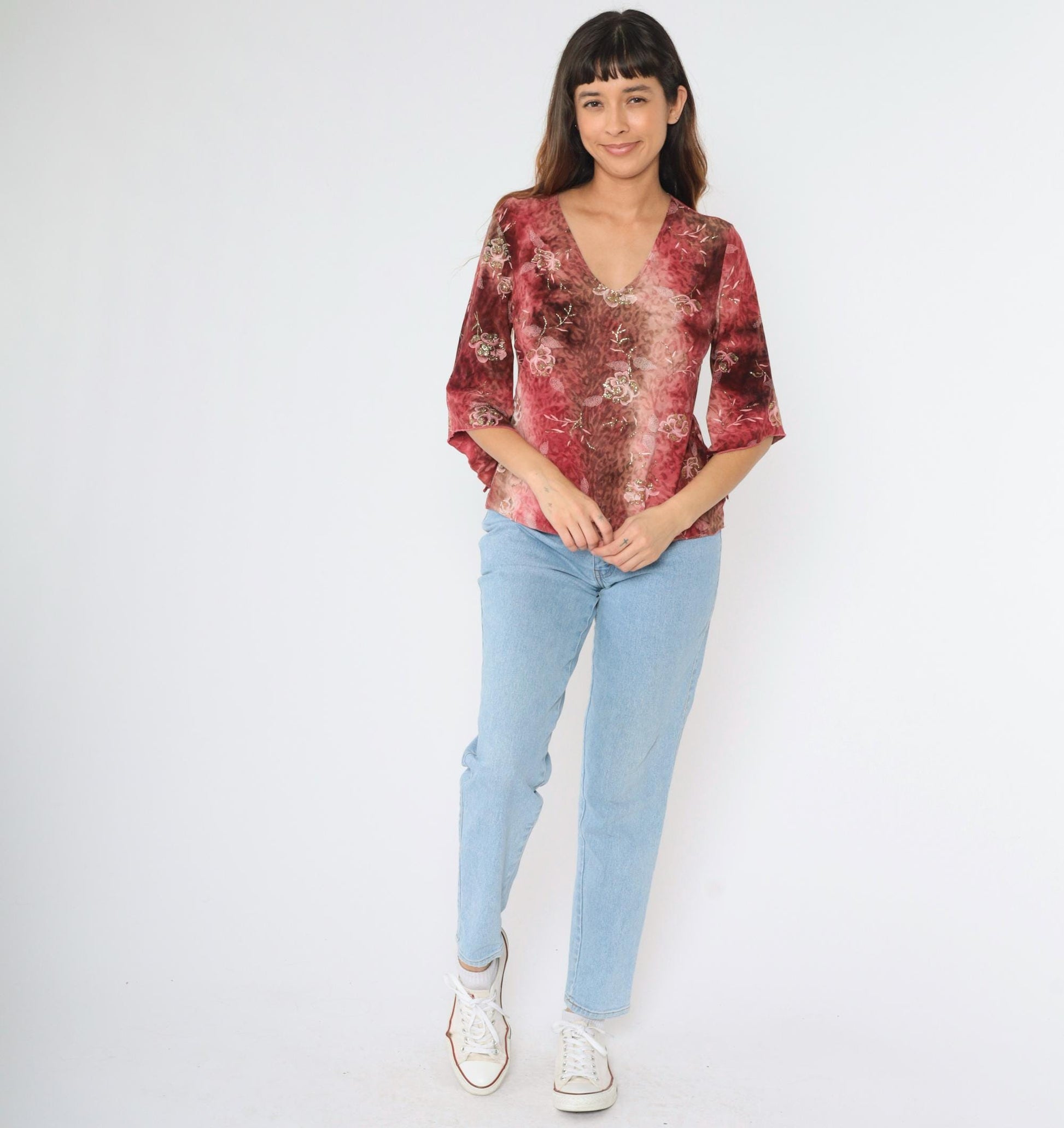 Y2K Bell Sleeve Blouse Floral Metallic Leopard Print Pink Brown Medium M