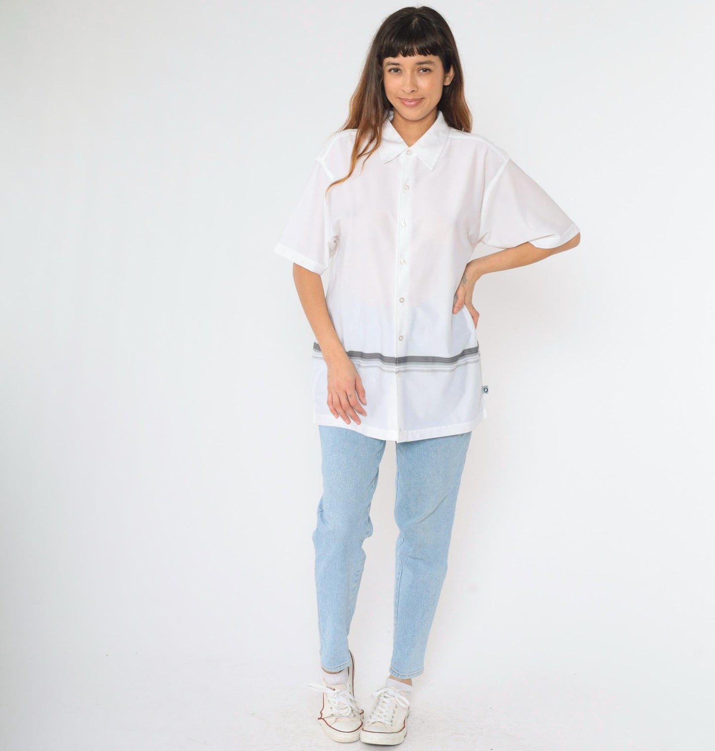 00s Striped Button-Up Shirt White Grey Y2K Short Sleeve Large L