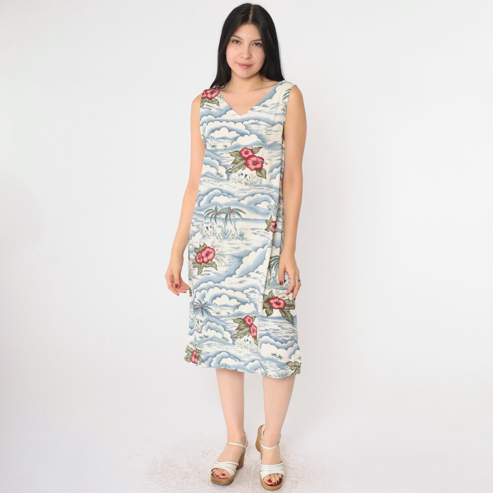 Big Dogs Tropical Floral Rayon Midi Dress V Neck Sleeveless Blue White Large