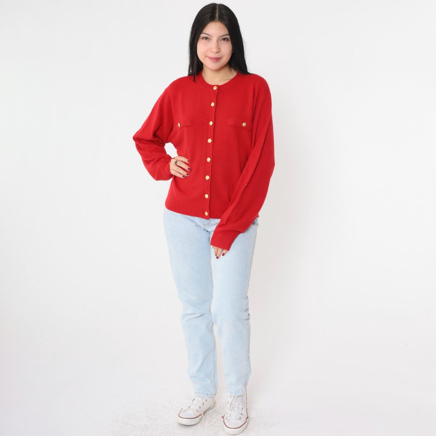 90s Red Cardigan Gold Buttons Acrylic Knit Sweater Large