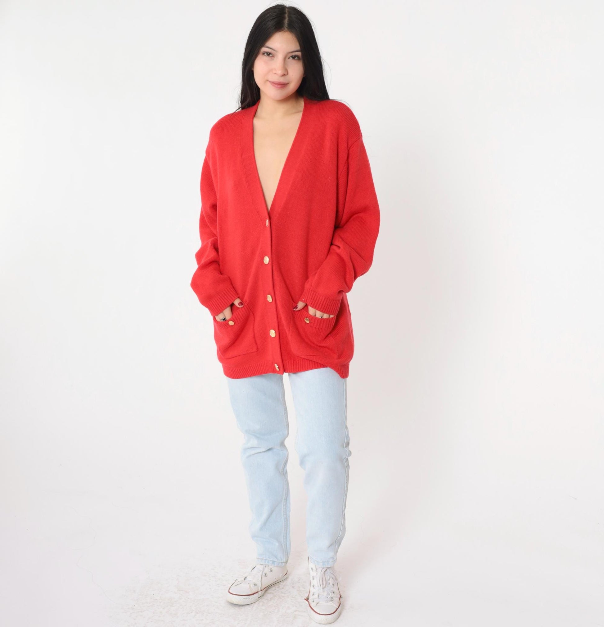 80s Karen Scott Wool Cardigan Red Gold Button Knit Sweater Large L