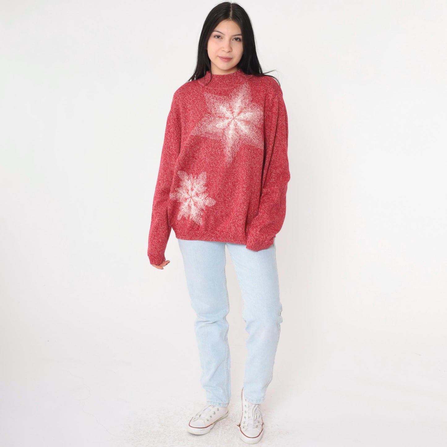 90s Red Beaded Snowflake Mock Neck Knit Sweater Pullover Large