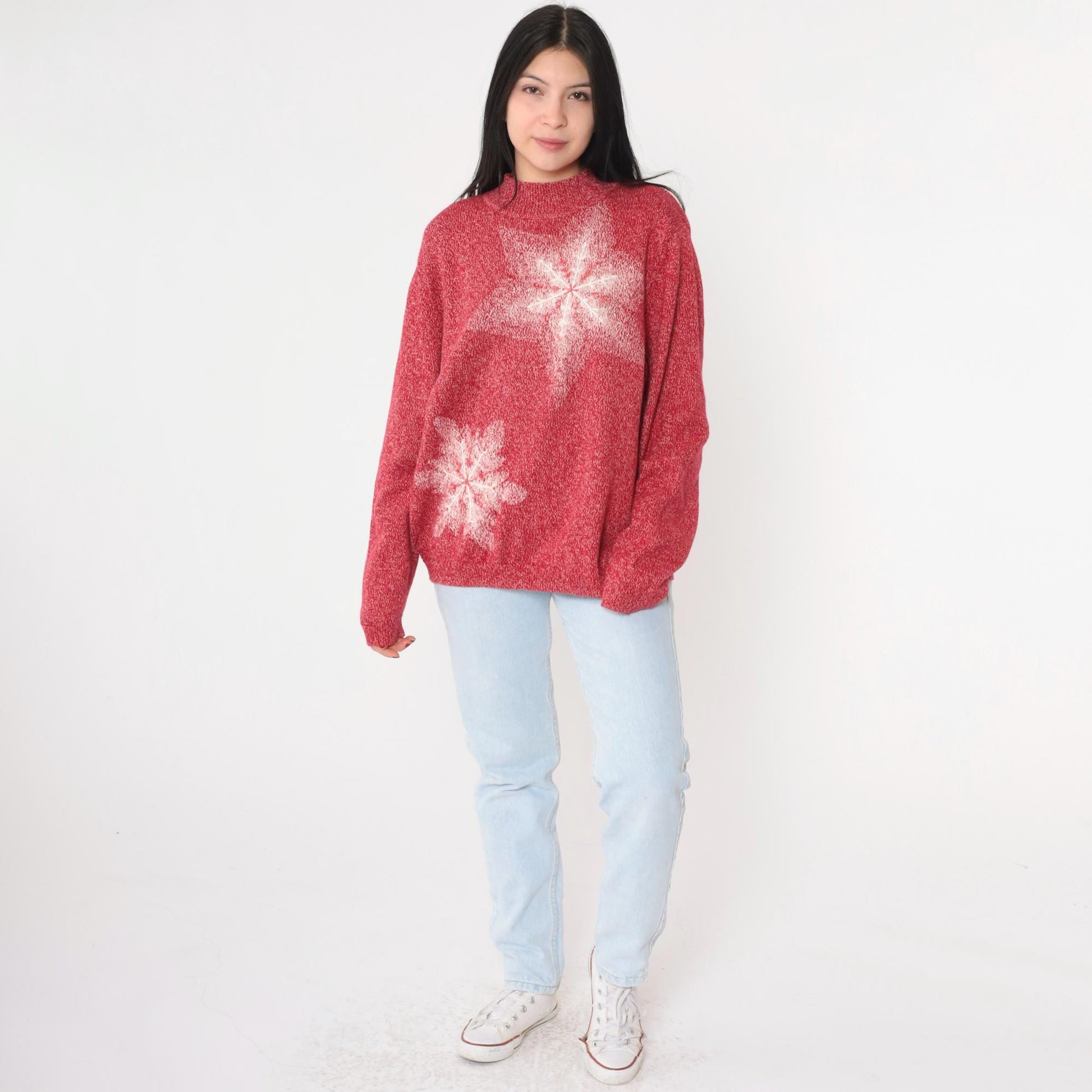 90s Red Beaded Snowflake Mock Neck Knit Sweater Pullover Large