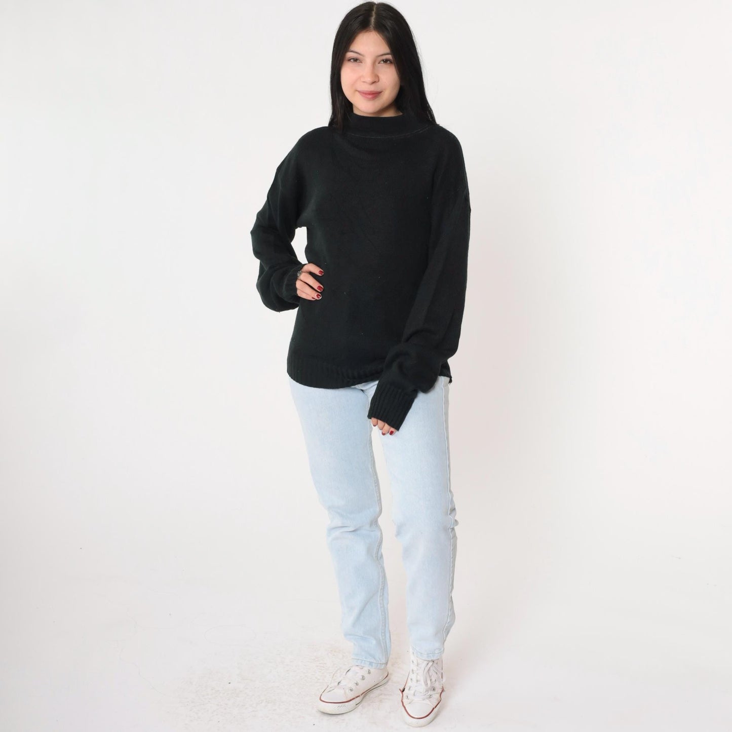80s Black Knit Mock Neck Pullover Sweater Medium