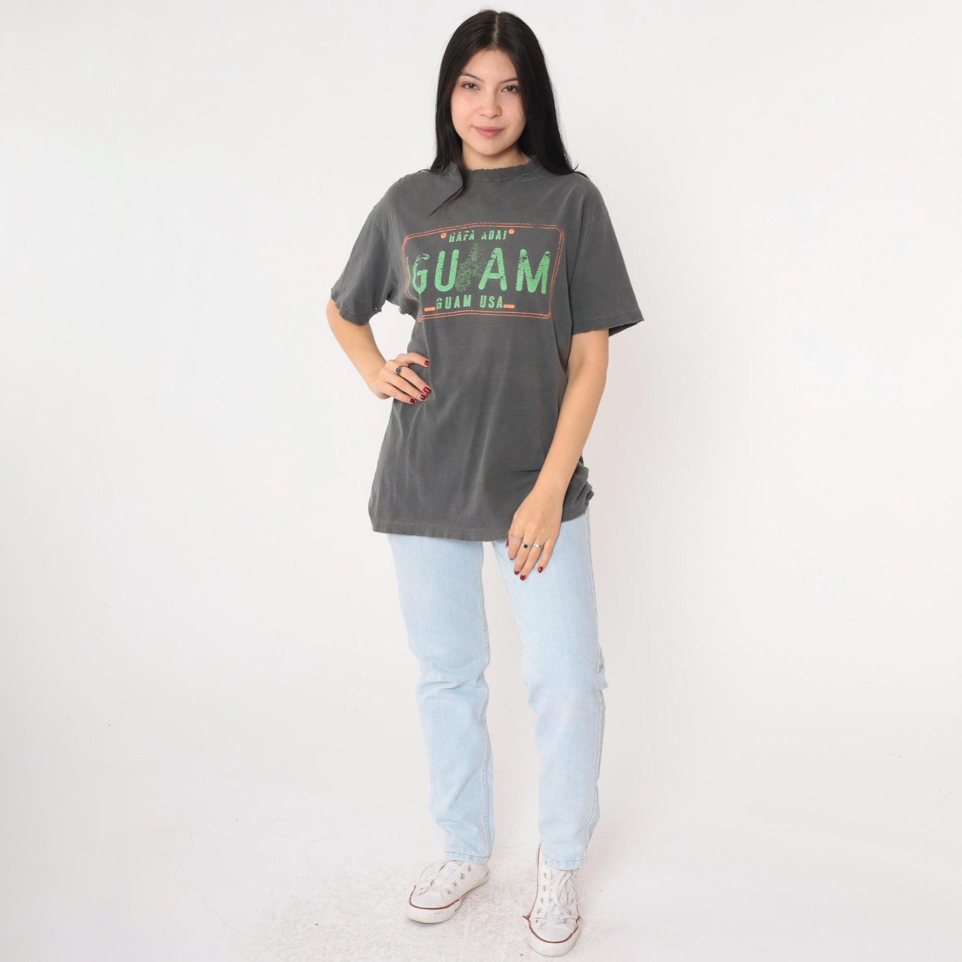 90s Guam Hafa Adai Graphic T-Shirt Distressed Charcoal Grey Medium