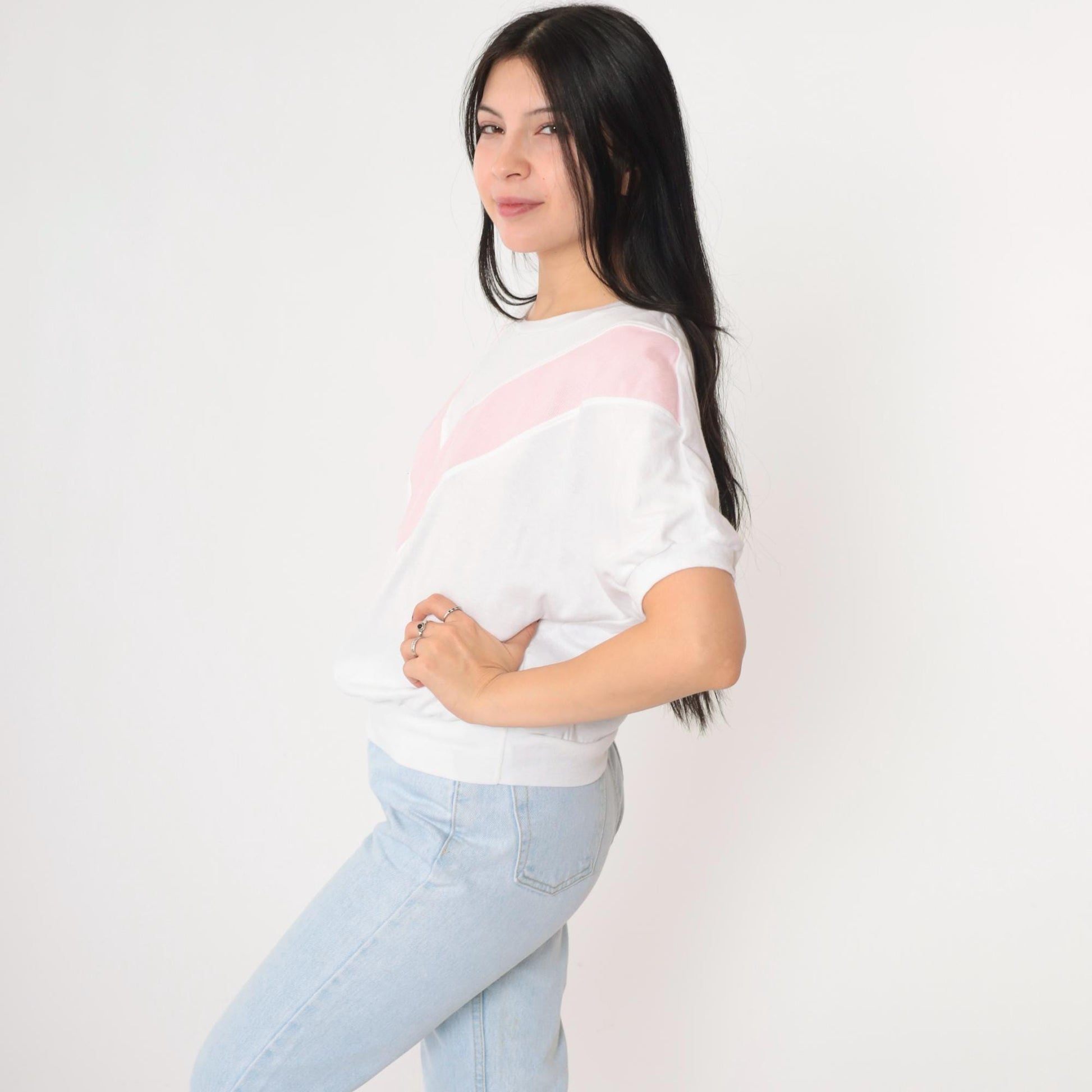 80s Land'n Sea Chevron Striped Dolman Sleeve Tee Pink White Small Medium