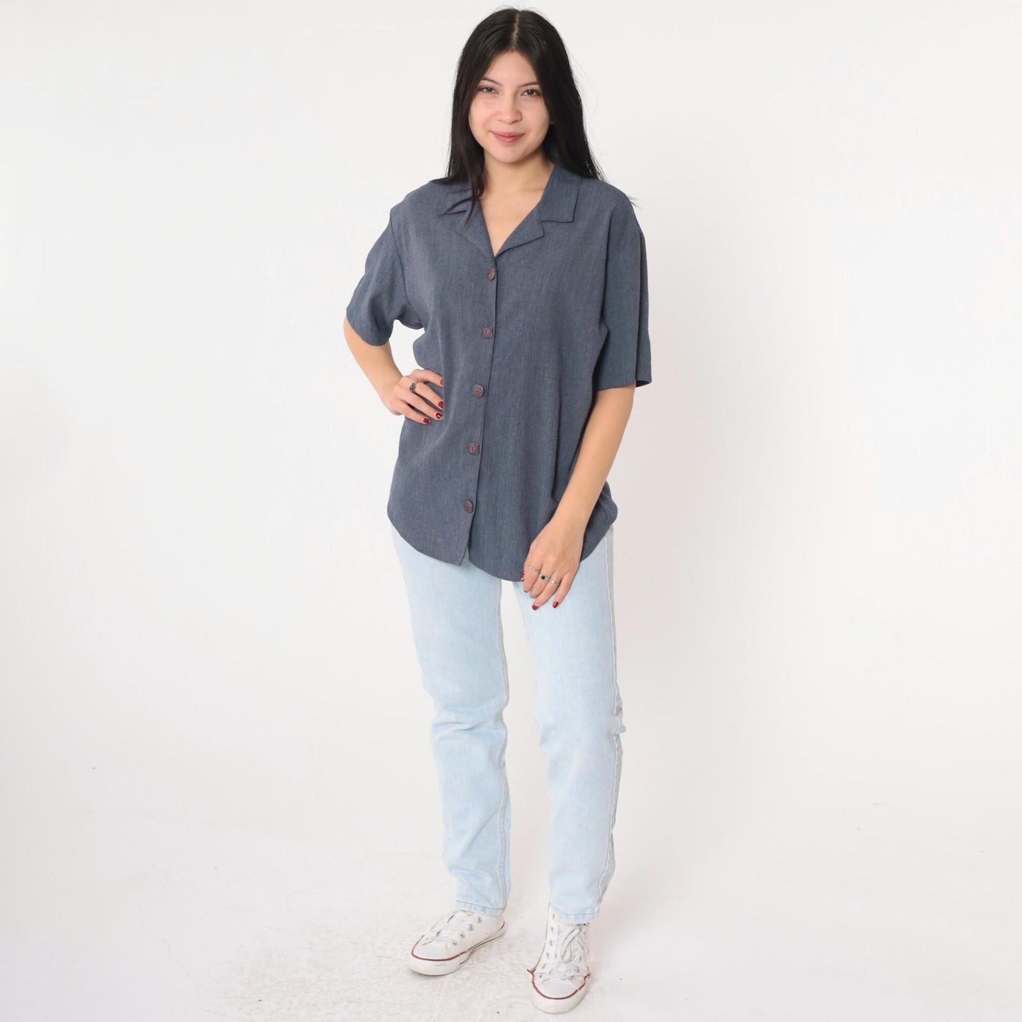 90s Teddi Blueish Grey Button-Up Blouse Short Sleeve Medium