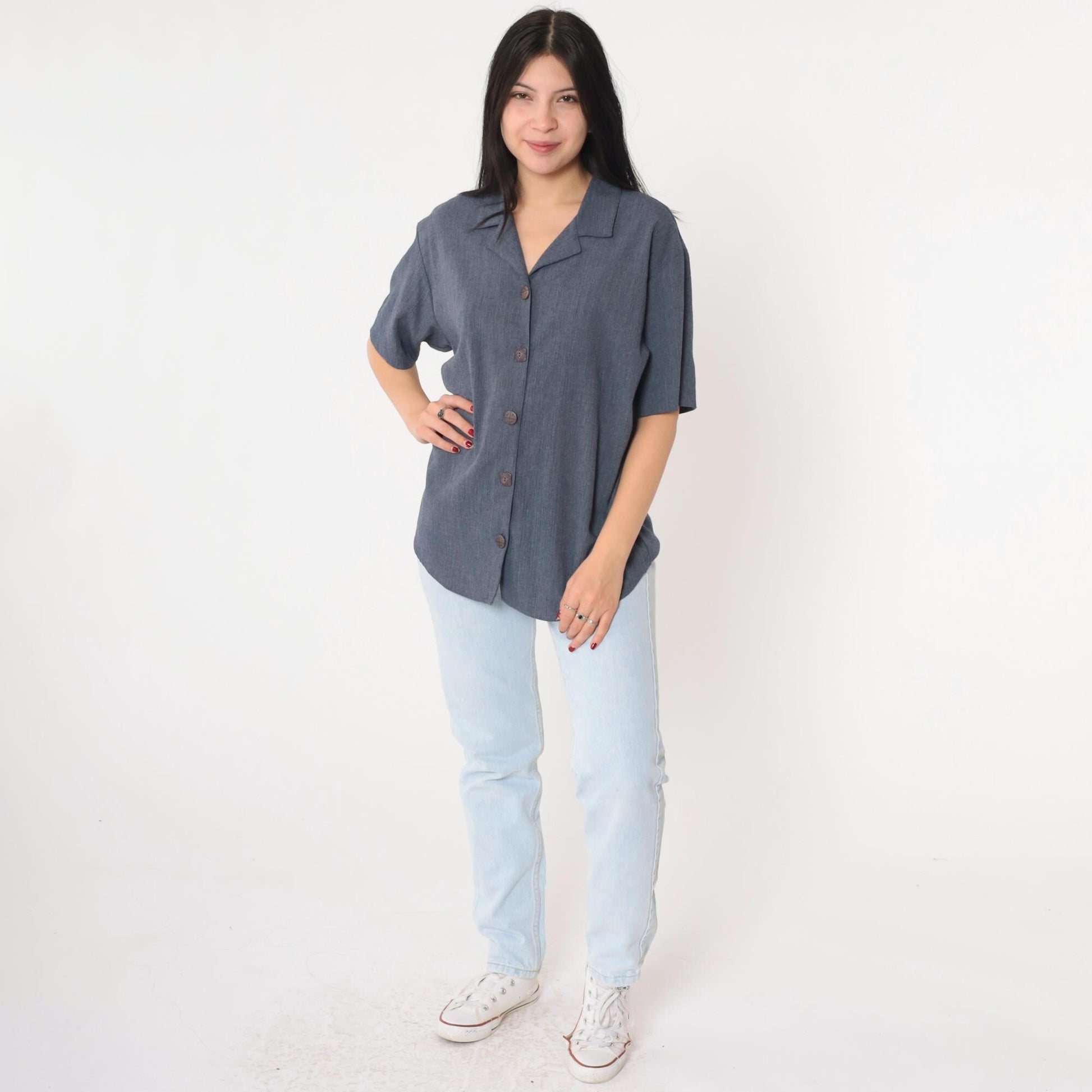 90s Teddi Blueish Grey Button-Up Blouse Short Sleeve Medium