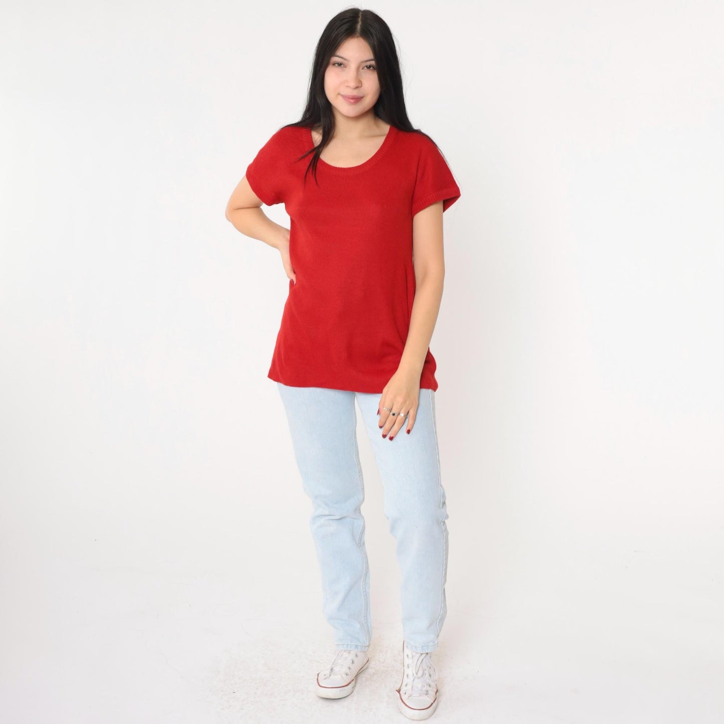 80s Red Ribbed Knit Scoop Neck Longline Top Short Sleeve Small