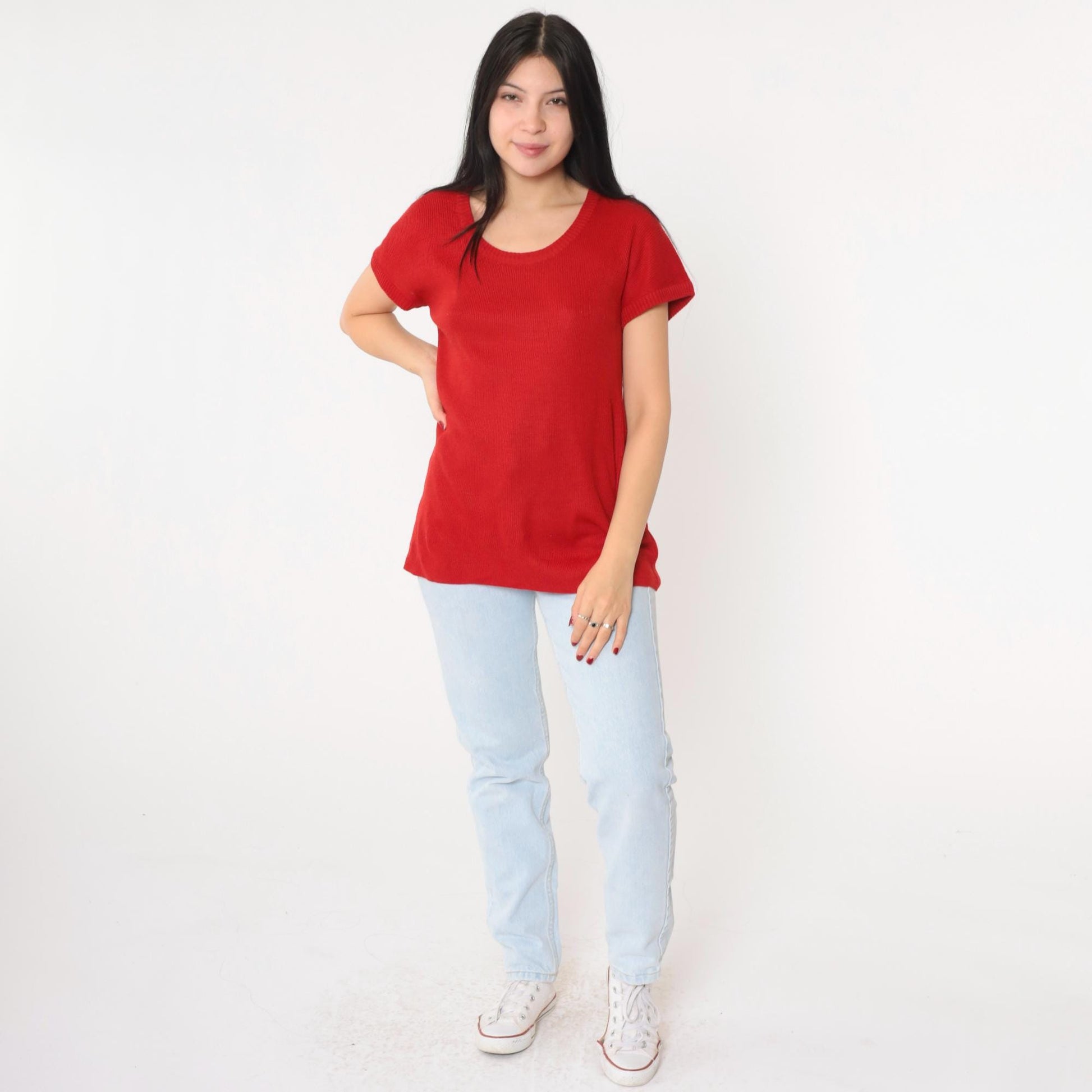 80s Red Ribbed Knit Scoop Neck Longline Top Short Sleeve Small