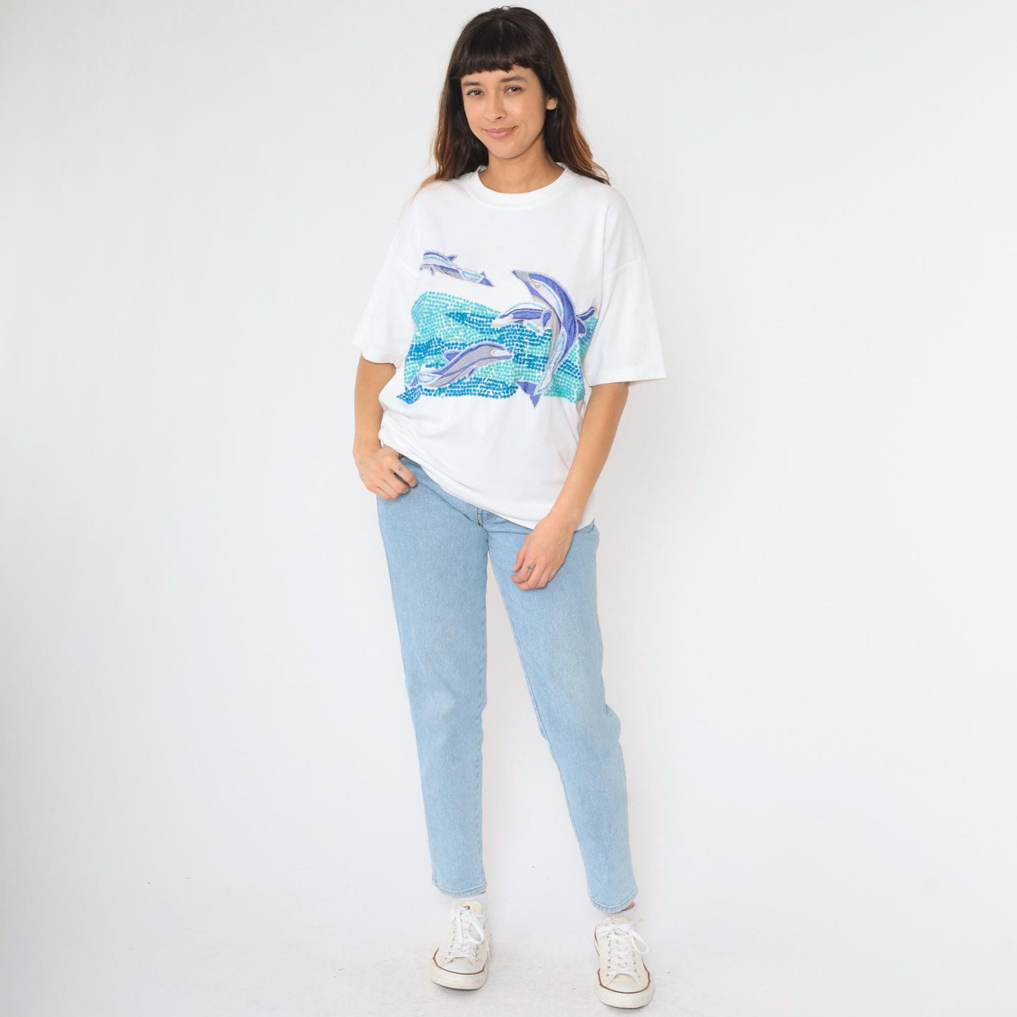90s Sequin Dolphin Graphic T-Shirt Embroidered Rhinestone White Medium M