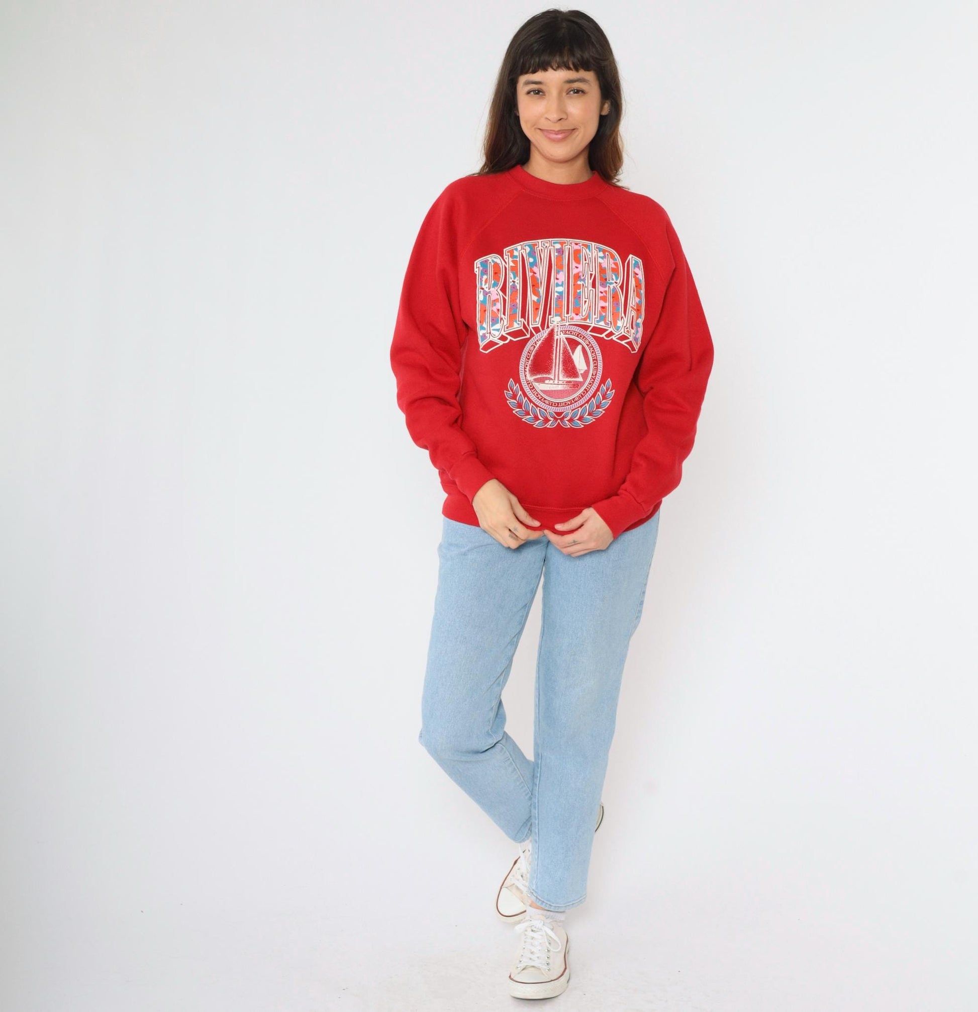 90s Riviera Yacht Club Sailboat Sweatshirt Red Raglan Crewneck Medium