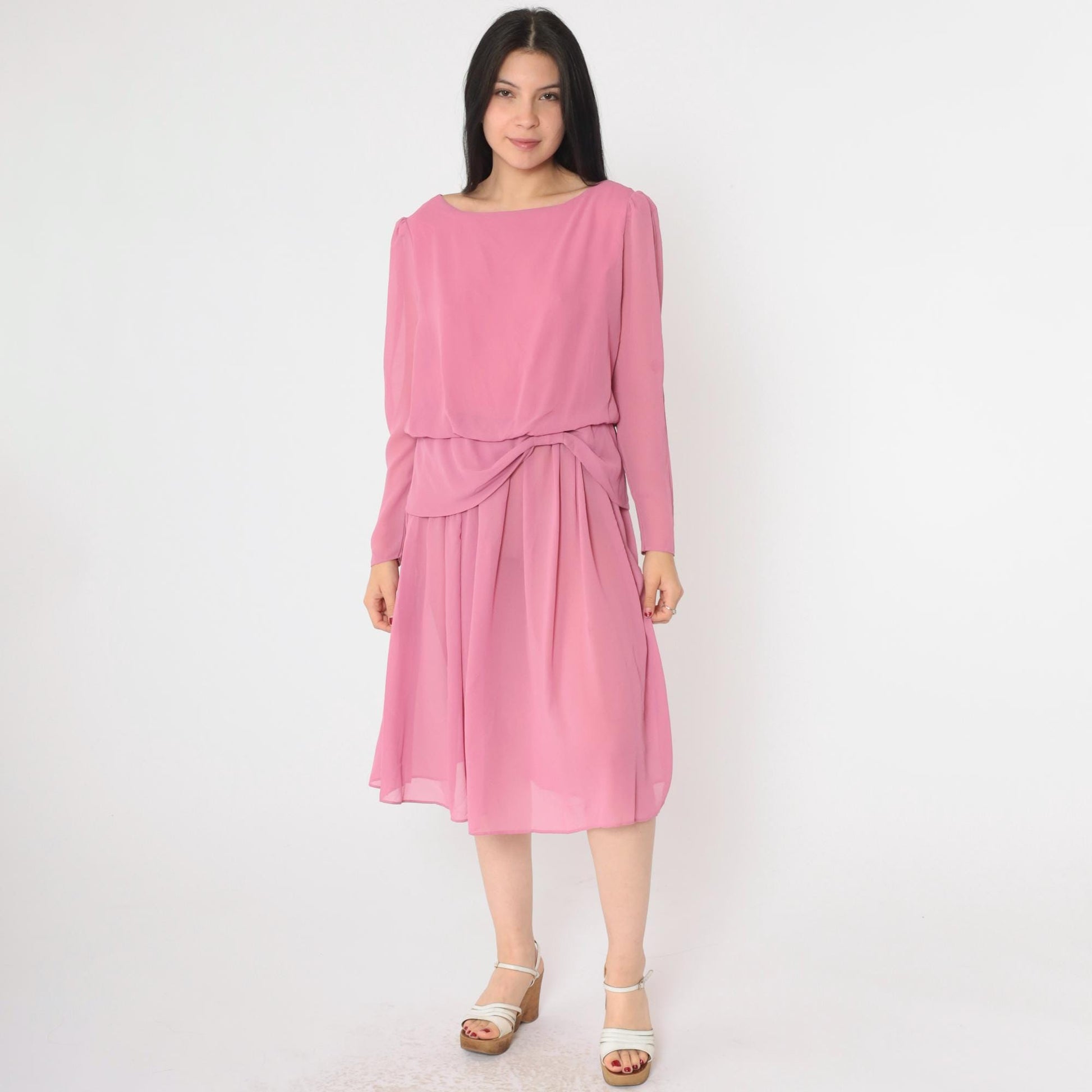 80s Pink Chiffon Midi Dress Puff Sleeve Peplum Waist Long Sleeve Small