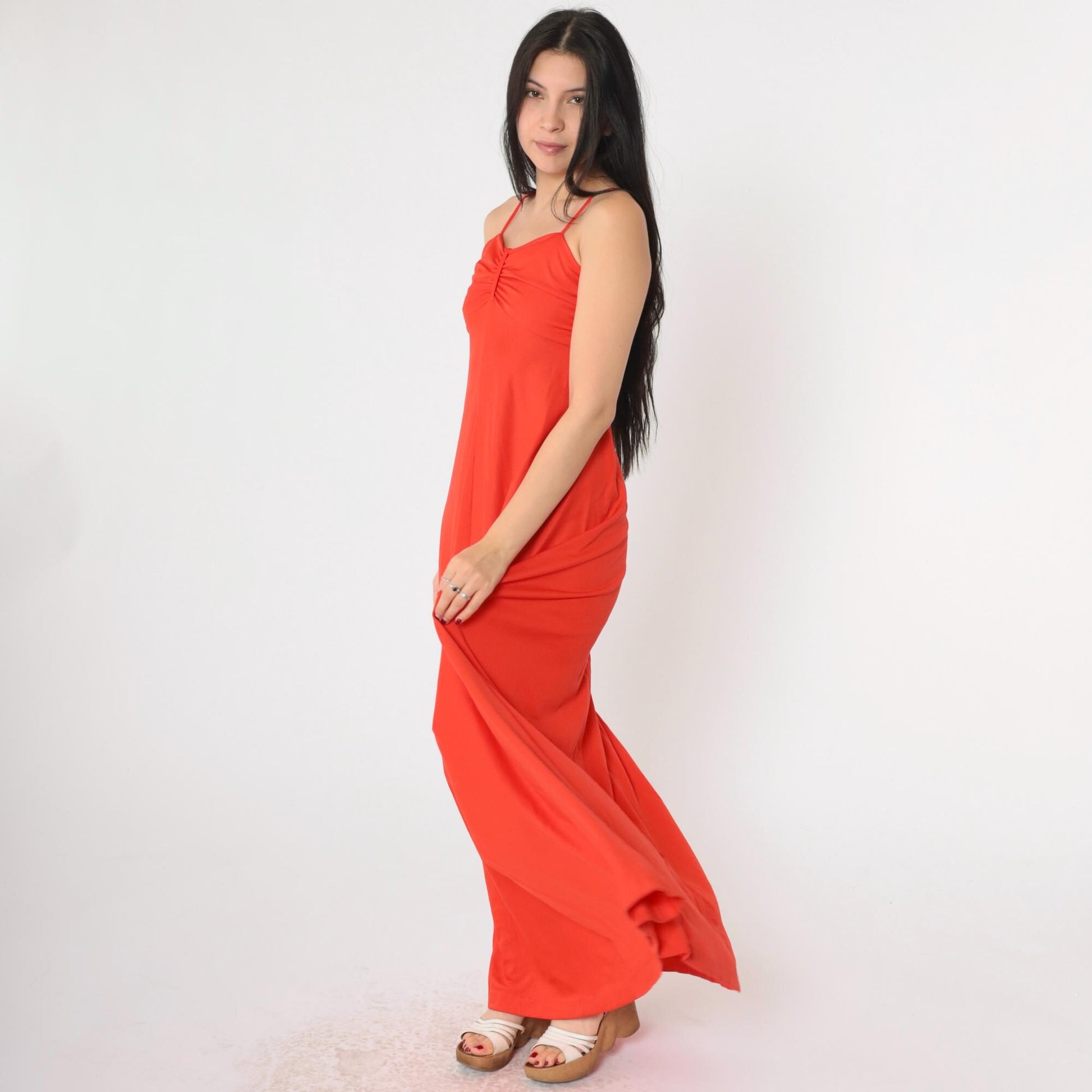 70s Red Maxi Dress Empire Waist Spaghetti Strap Grecian Extra Small