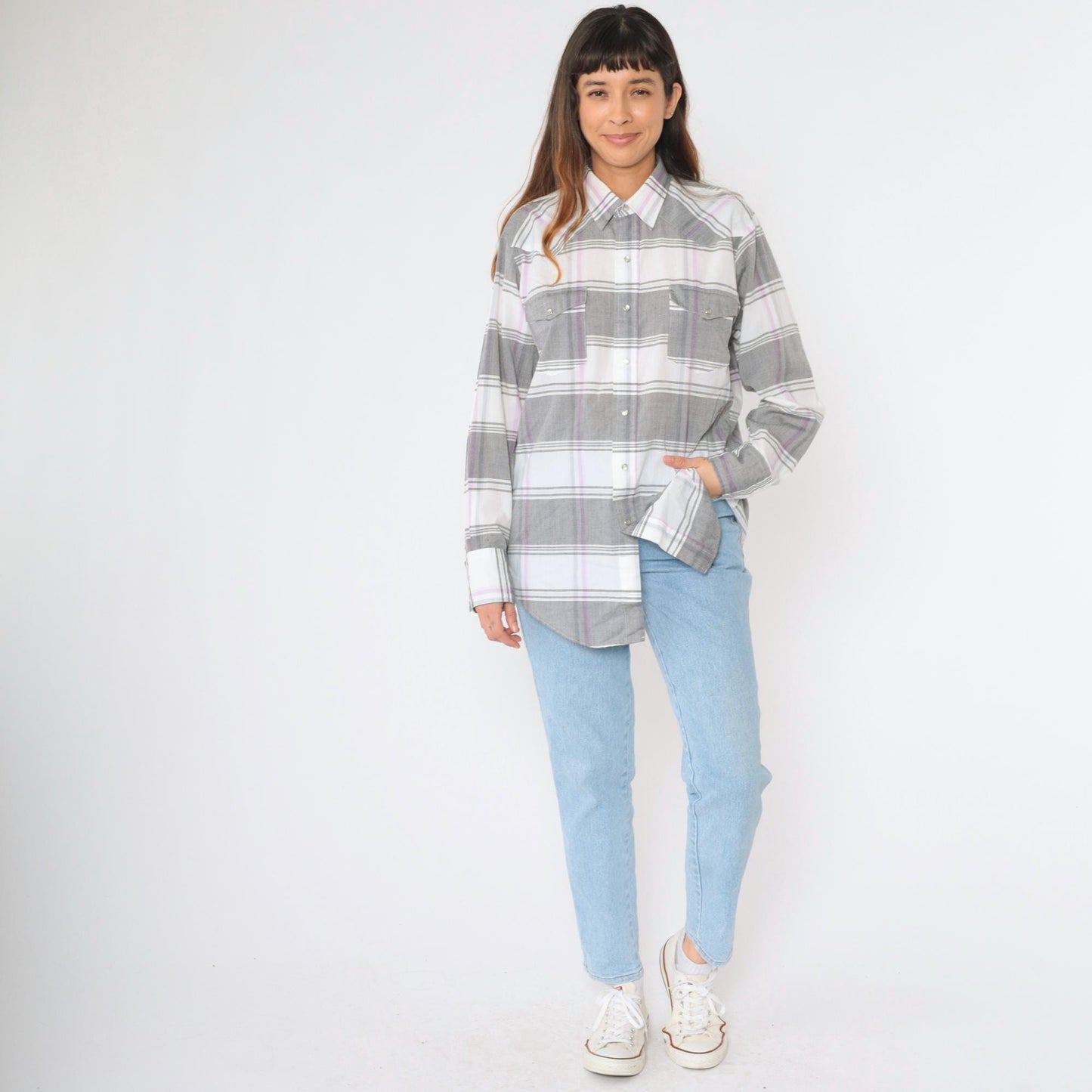 80s Gold Collection by Karman Western Shirt Pearl Snap Plaid Grey Large
