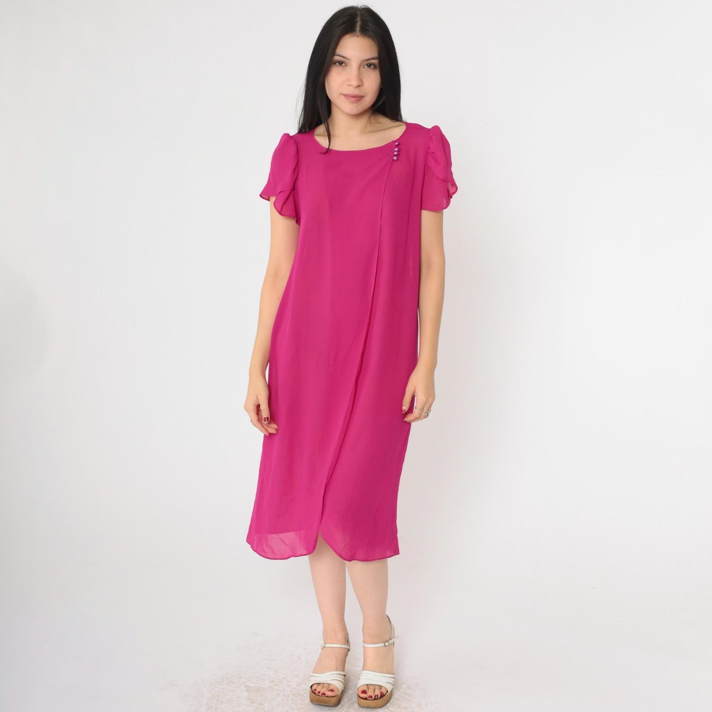 80s Fuchsia Chiffon Shift Dress Puff Sleeve Semi-Sheer Medium