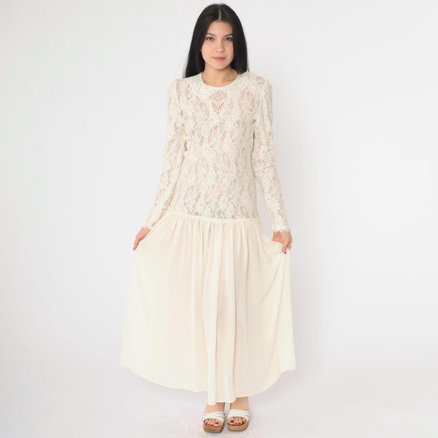 80s Ricki Lang Sheer Lace Maxi Dress Cream Puff Sleeve Drop Waist Medium