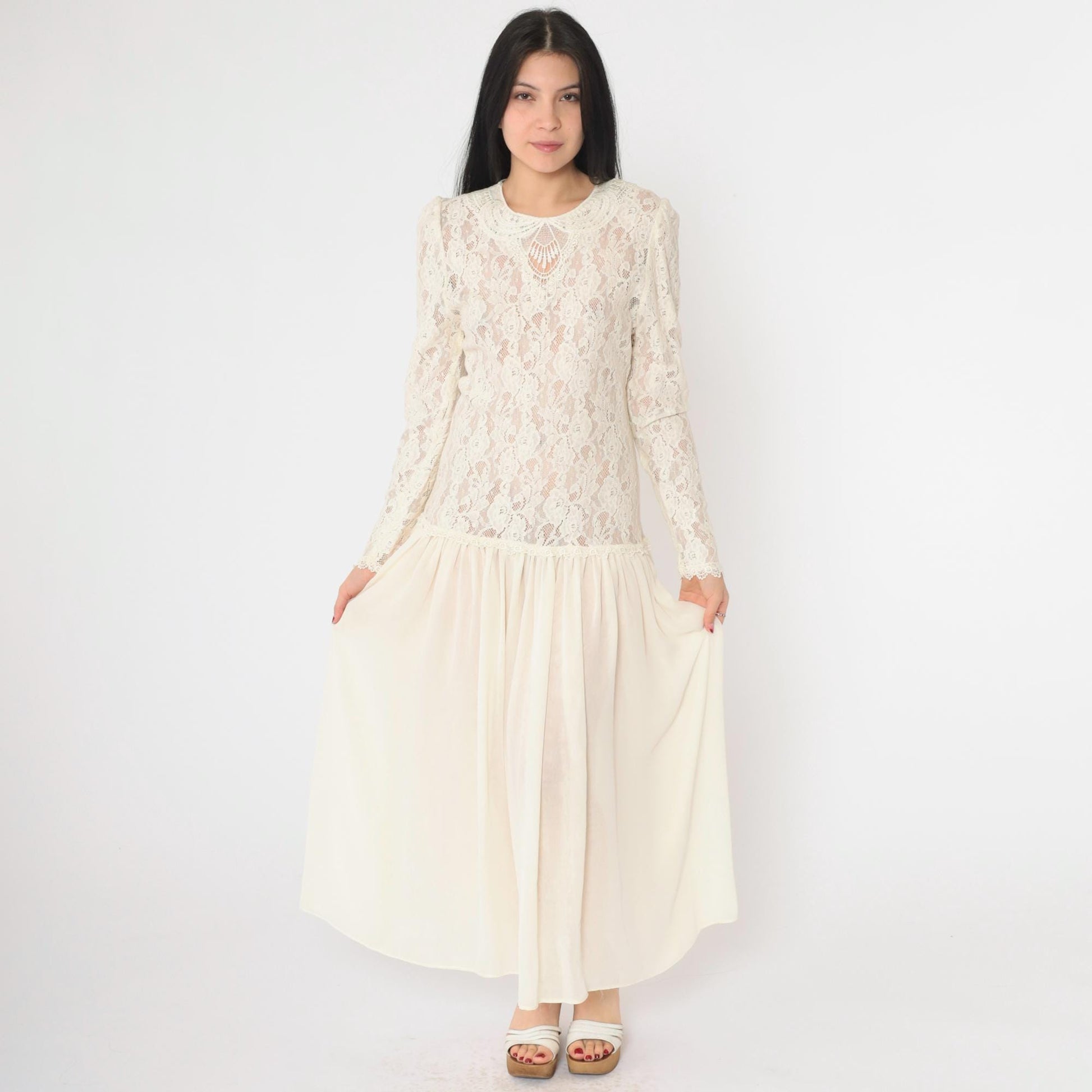 80s Ricki Lang Sheer Lace Maxi Dress Cream Puff Sleeve Drop Waist Medium