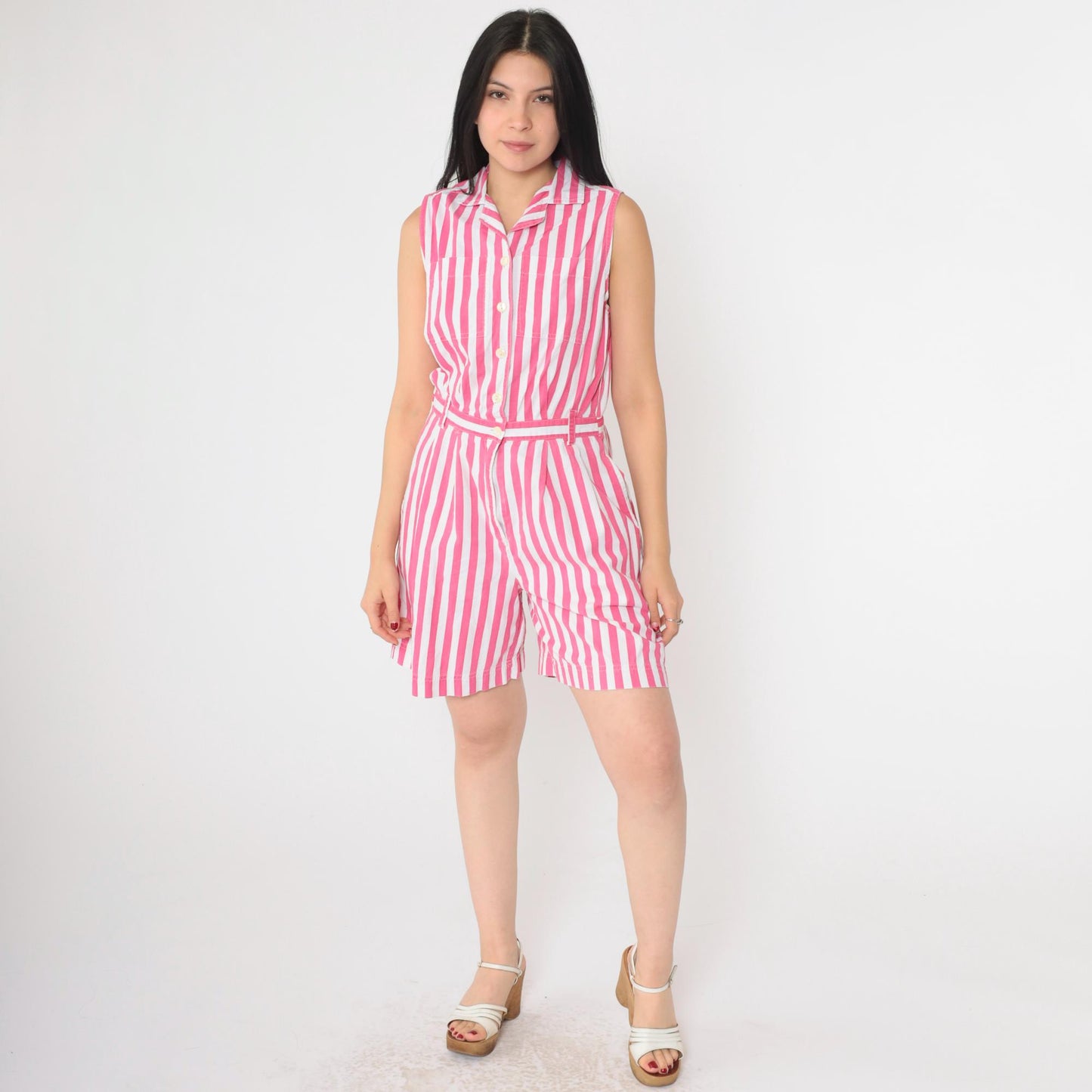 80s Striped Button-Up Romper White Pink High Waist Cotton Sleeveless Small