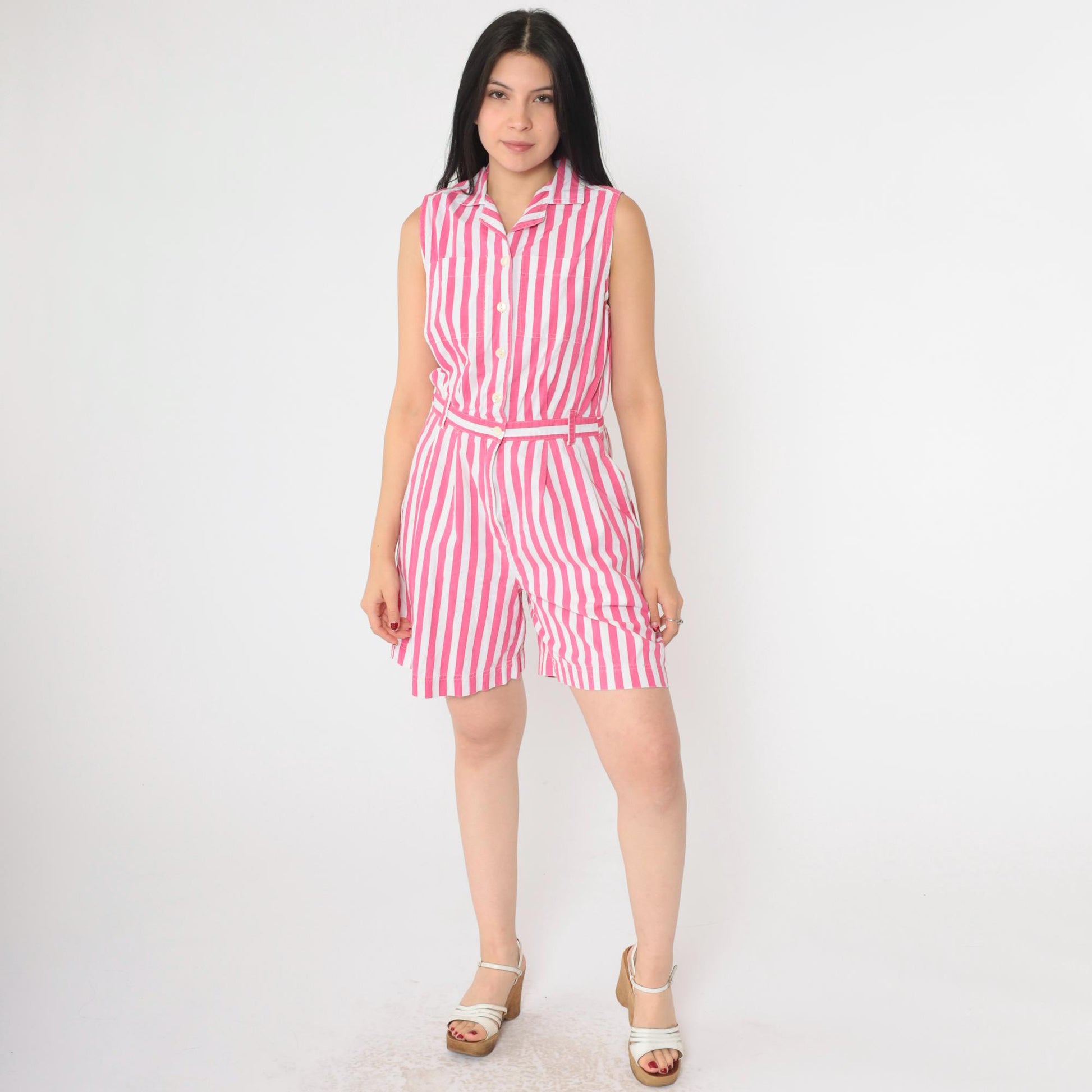 80s Striped Button-Up Romper White Pink High Waist Cotton Sleeveless Small