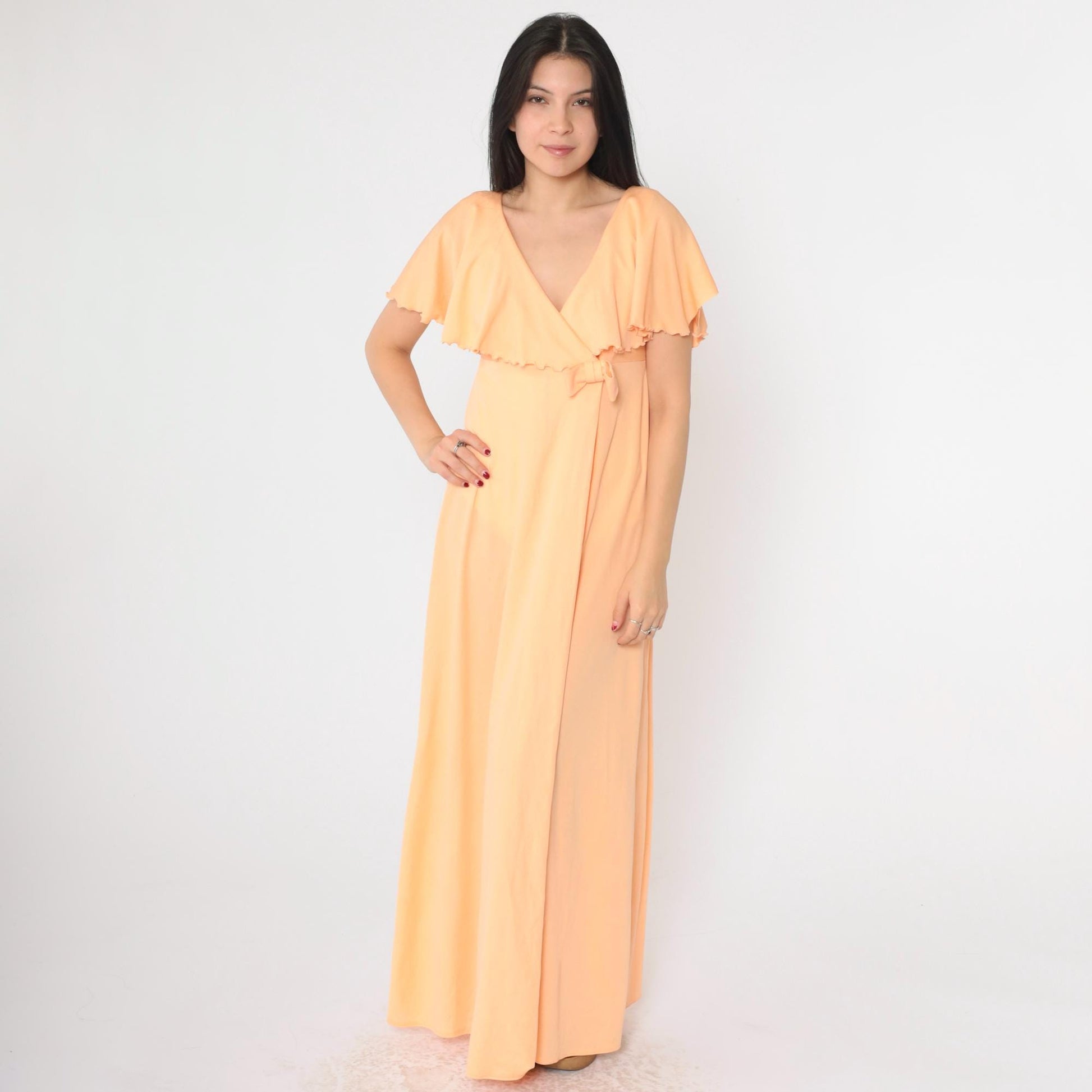70s Peach Grecian Maxi Dress Empire Waist Capelet Flutter Sleeve Medium