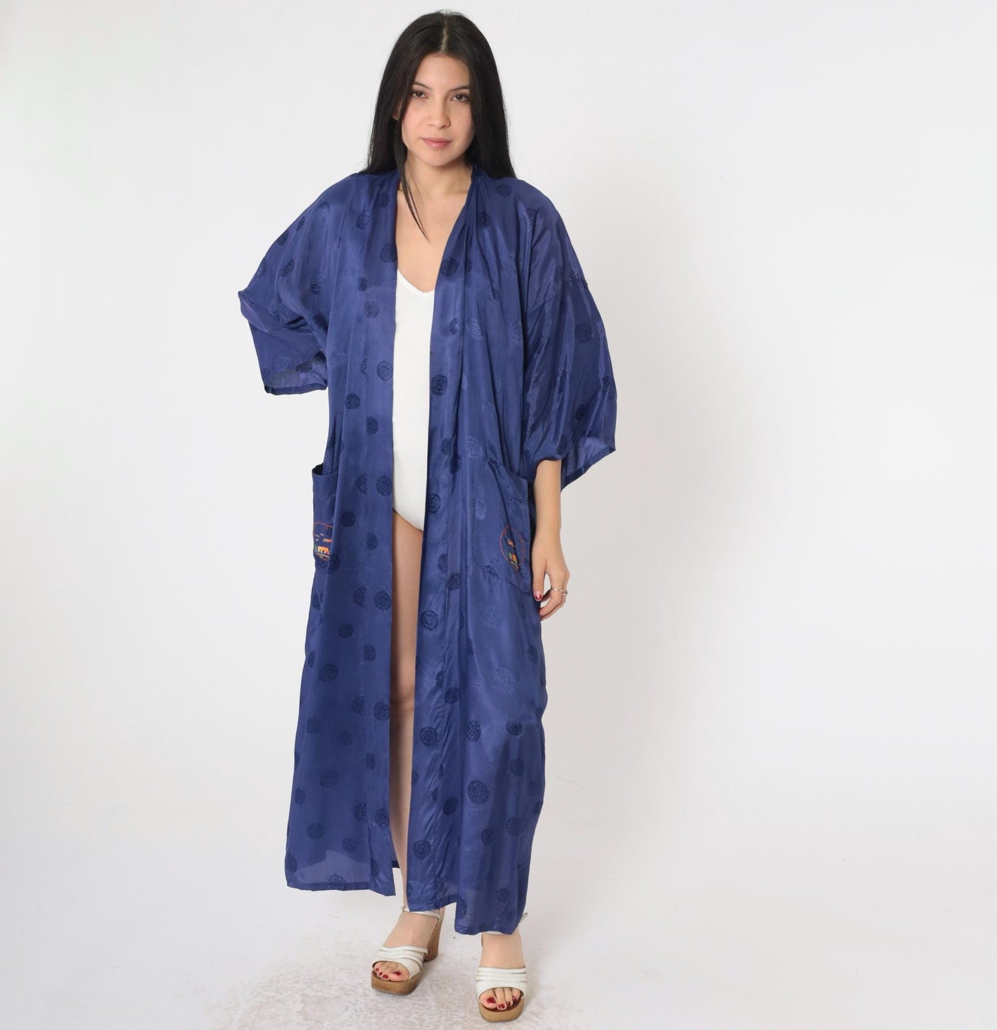 80s Dark Blue Embroidered Japanese Village Kimono Robe Maxi Wrap Extra Large