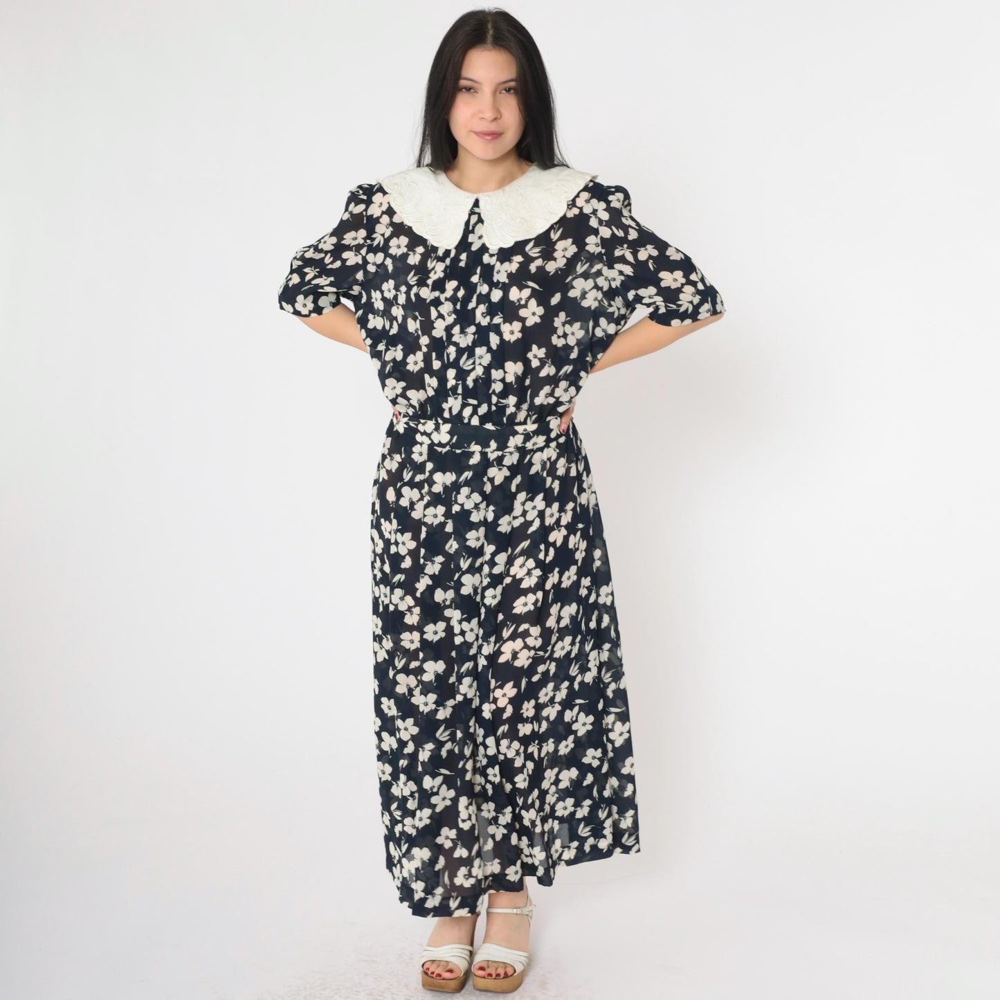 80s Karin Stevens Navy Floral Maxi Dress Pleated High Waist Puritan Collar Medium