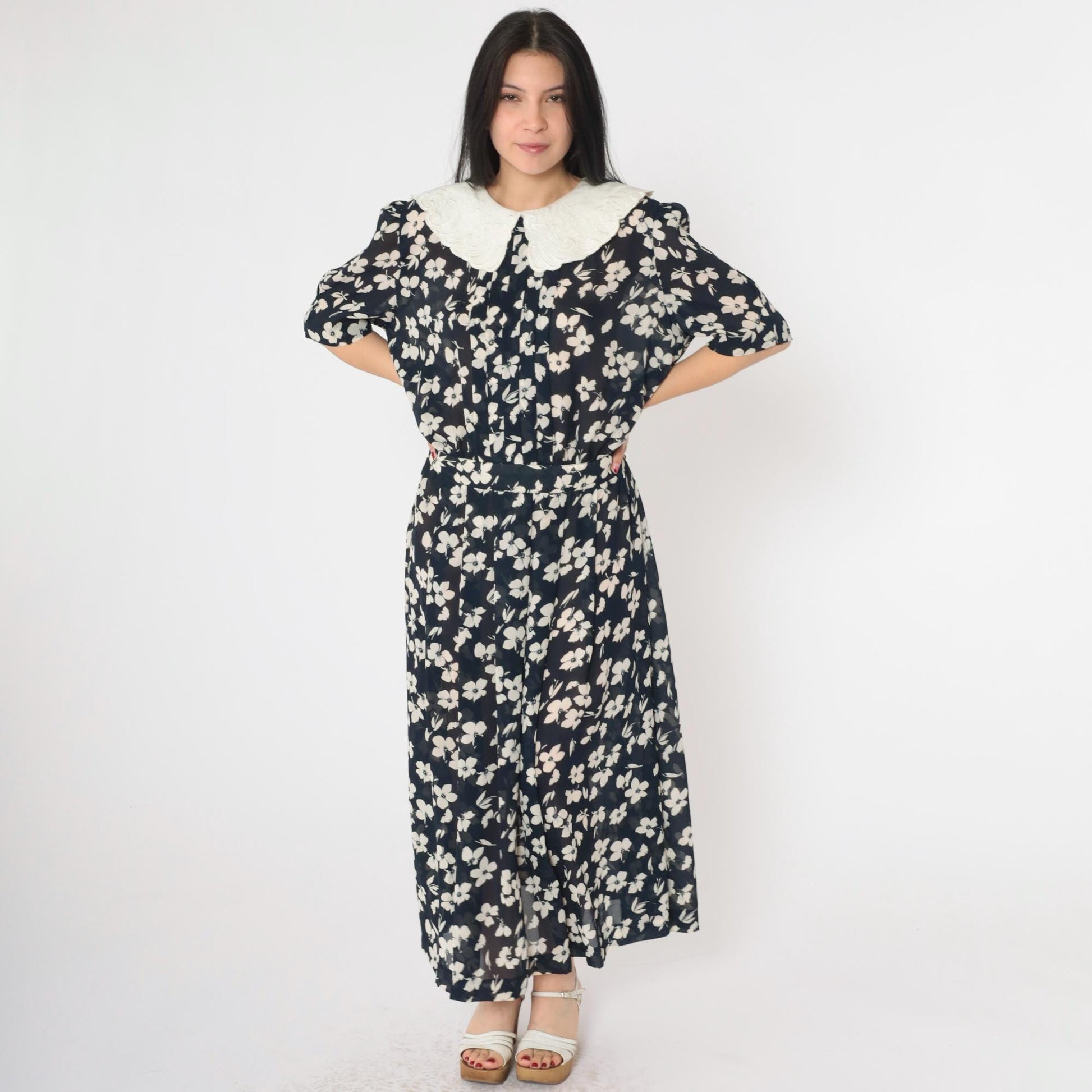 80s Karin Stevens Navy Floral Maxi Dress Pleated High Waist Puritan Collar Medium