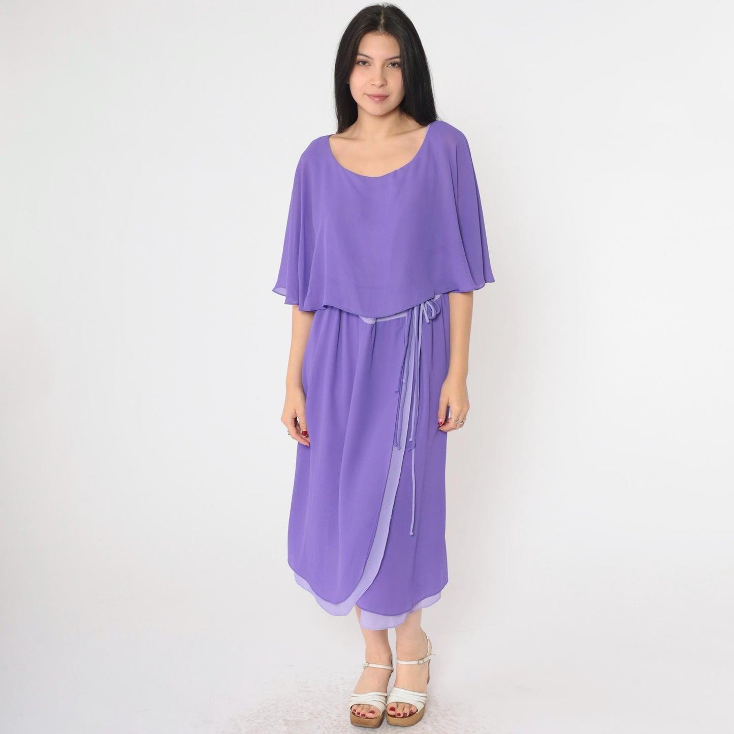 70s Matthew for Jo-Ed Sophisticates Two-Tone Purple Midi Dress Capelet Medium