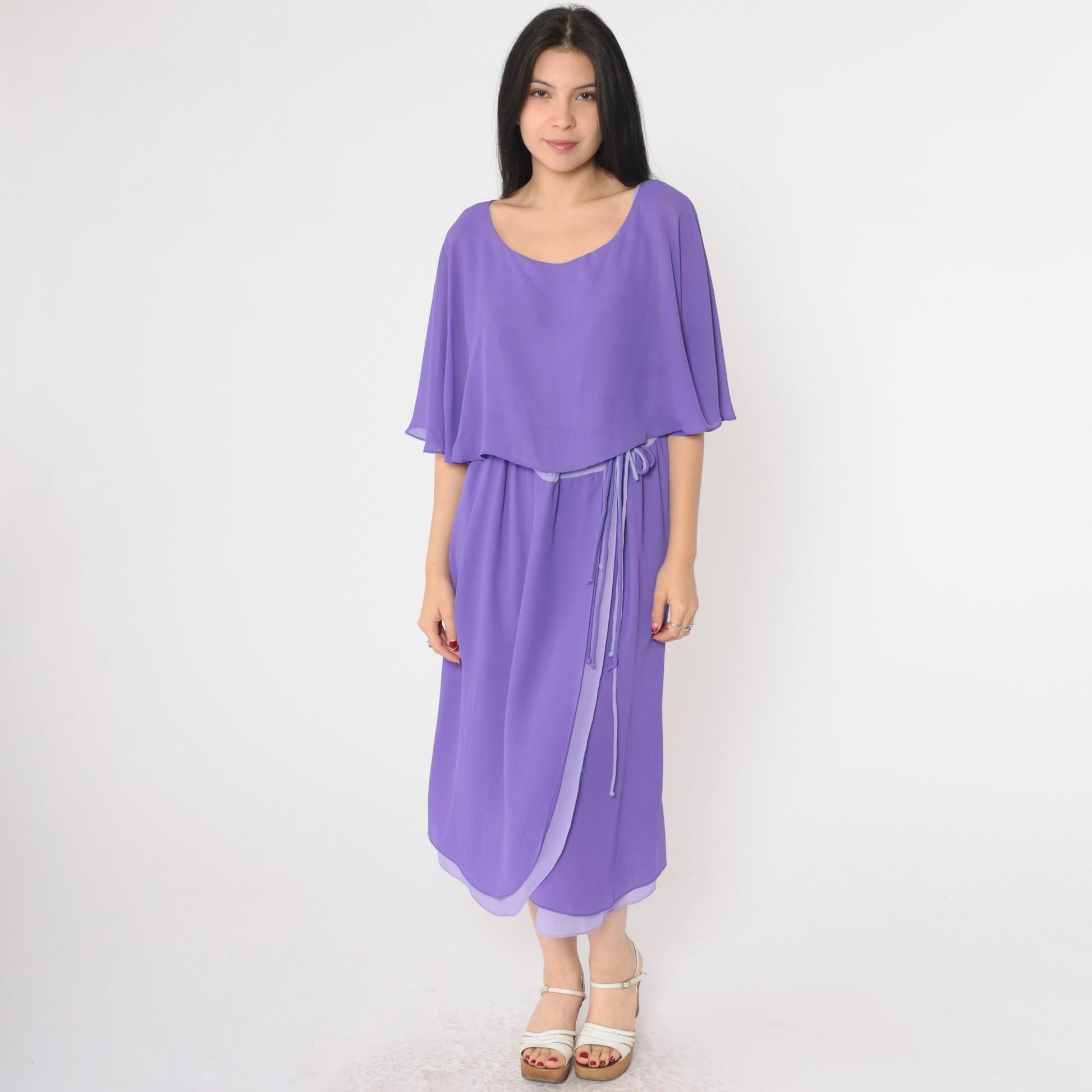 70s Matthew for Jo-Ed Sophisticates Two-Tone Purple Midi Dress Capelet Medium
