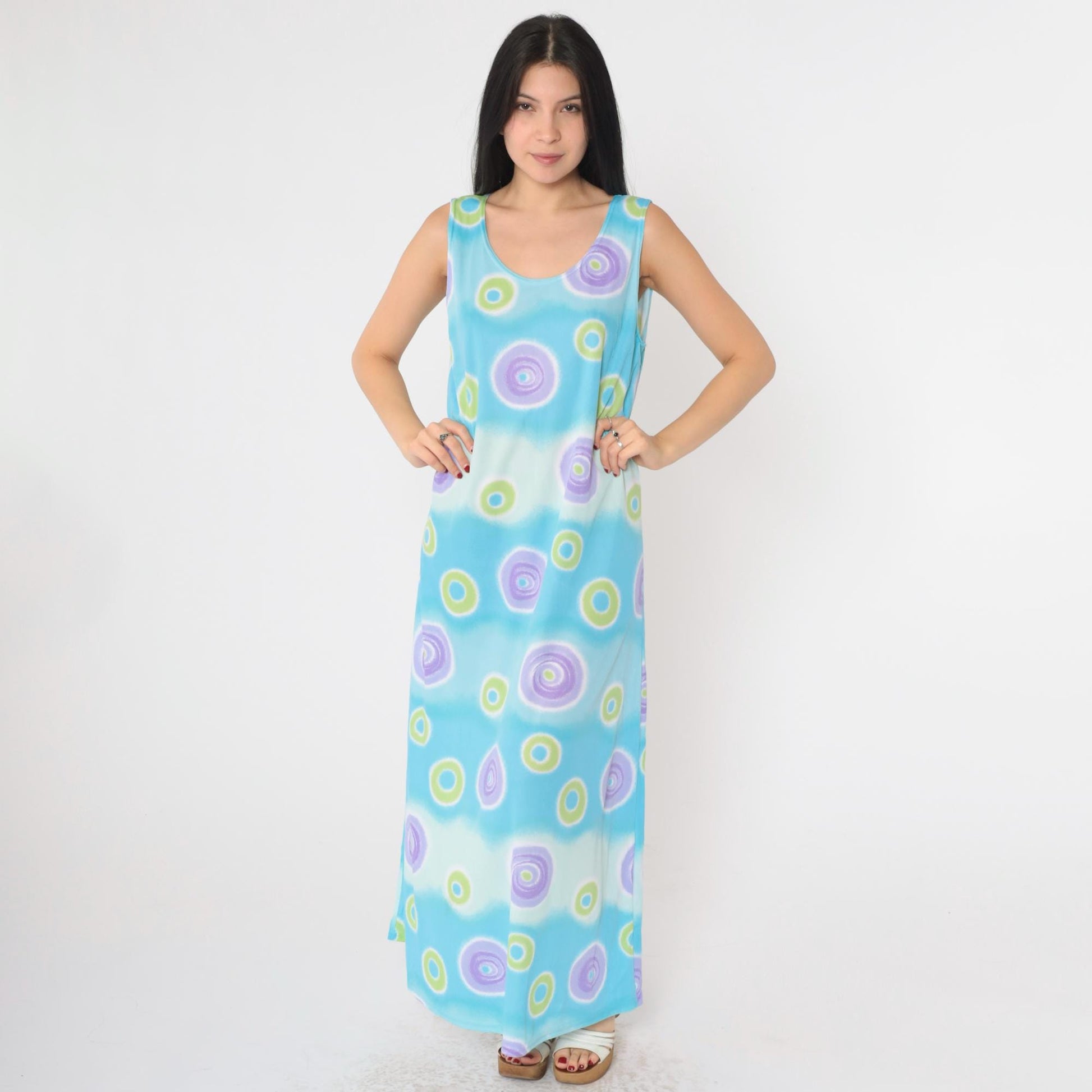 90s Blue Geometric Maxi Dress Sleeveless Shift Pullover Extra Large XXL