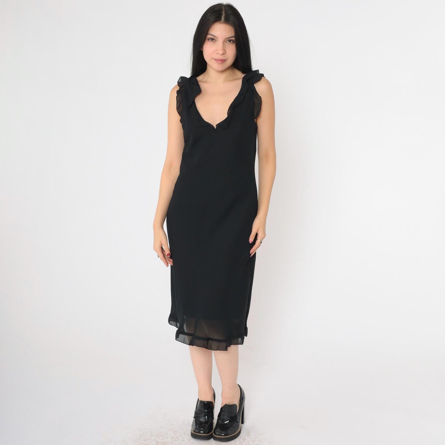 90s Black Chiffon Midi Dress V Neck Ruffled Sleeveless Shift Medium