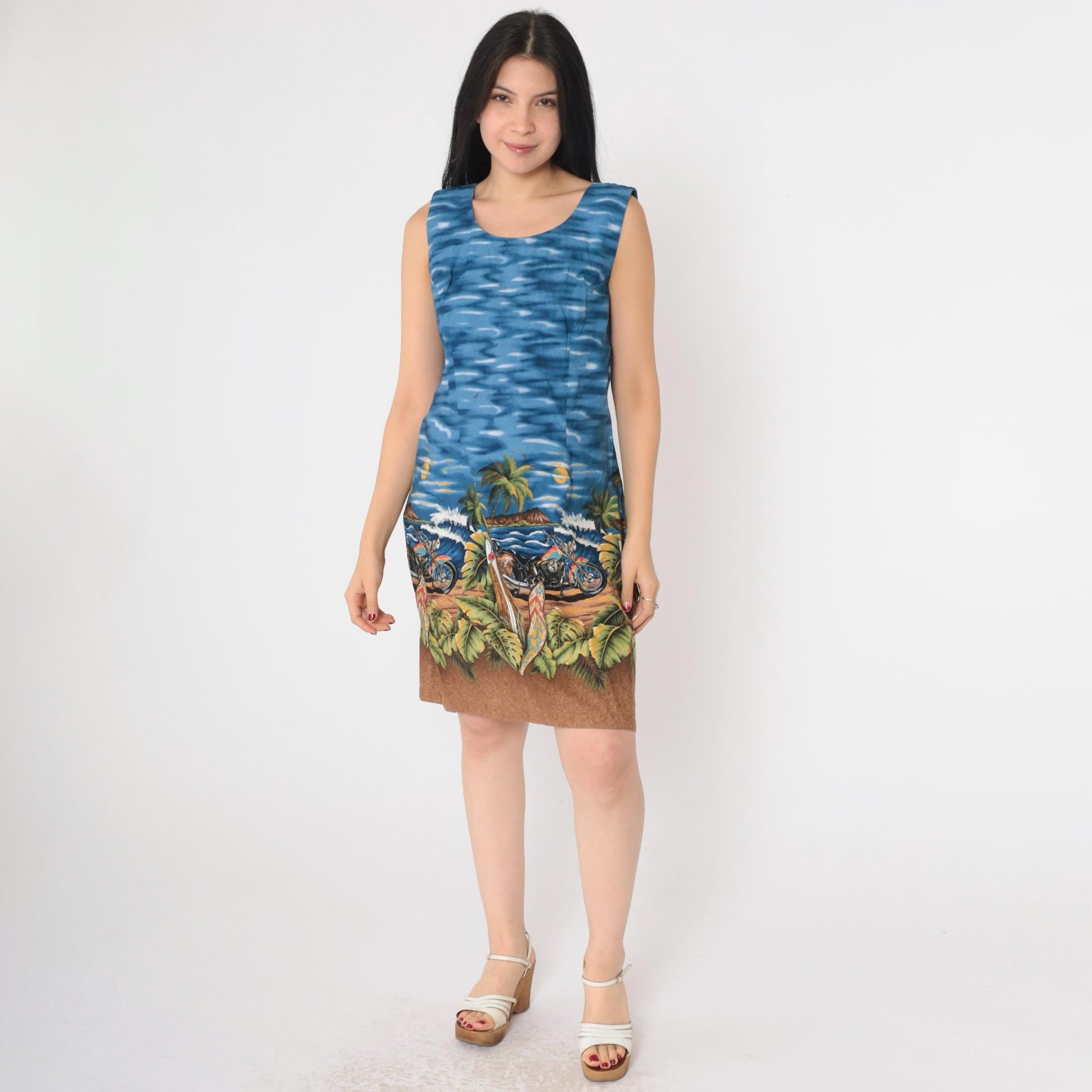 1990s Hawaiian Shift Dress Motorcycle Sunset Print Sleeveless Blue Medium