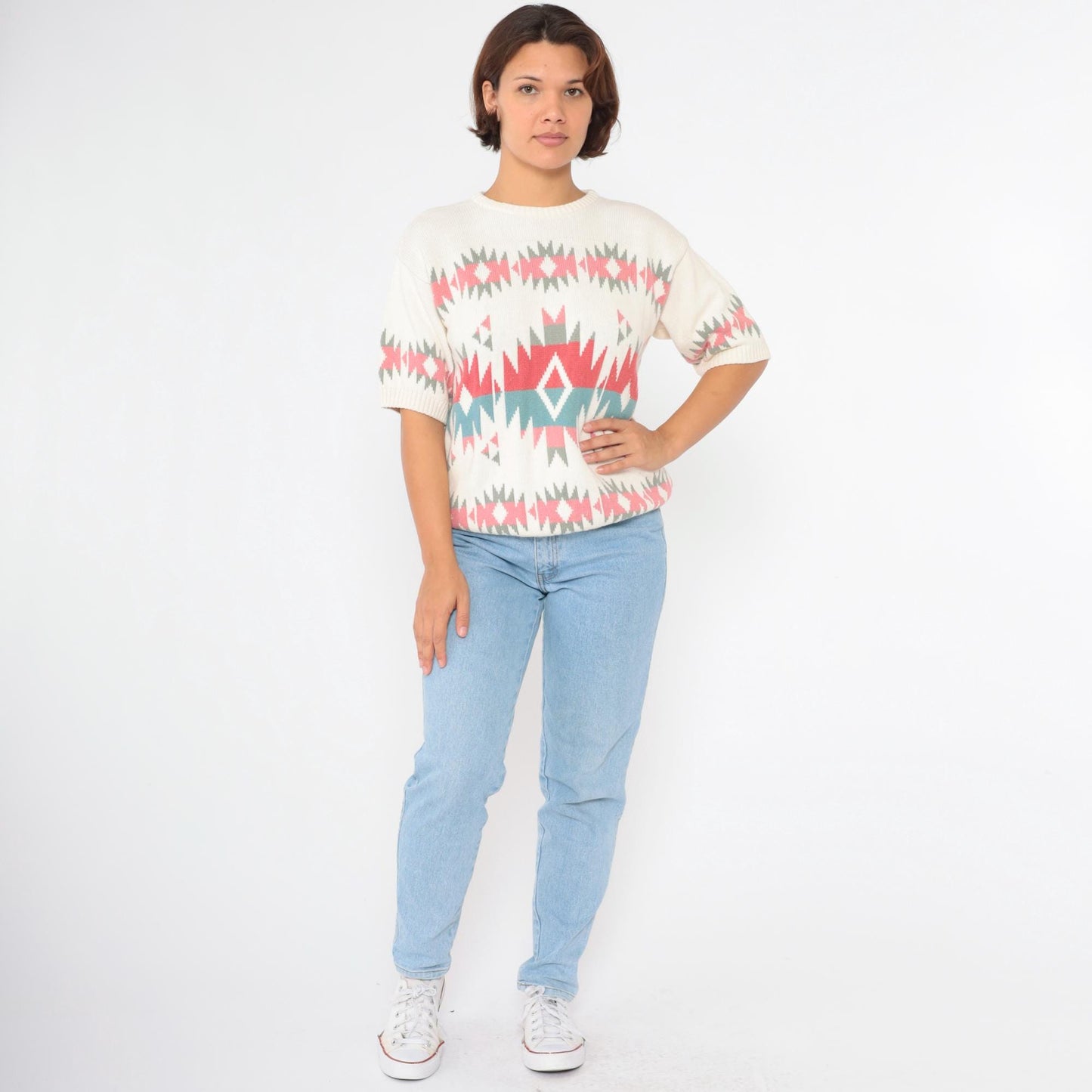 80s United Knitwear Southwestern Geometric Knit Top Off-White Coral Pink Blue Medium