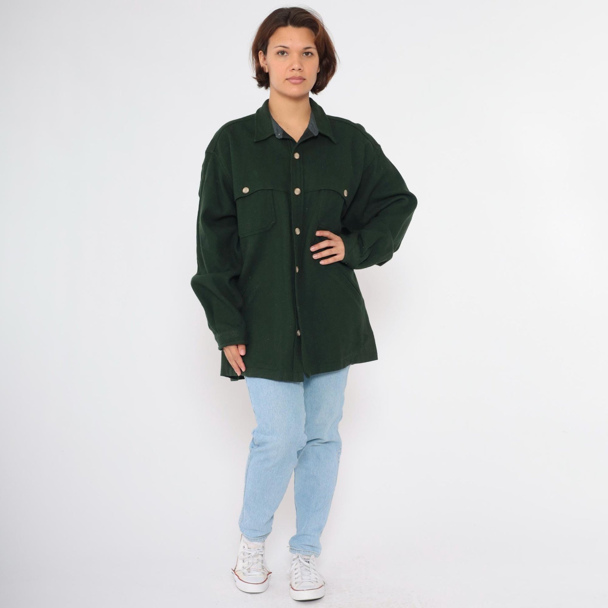 90s Woolrich Wool Shirt Jacket Forest Green Button Up Shacket Men's XXL