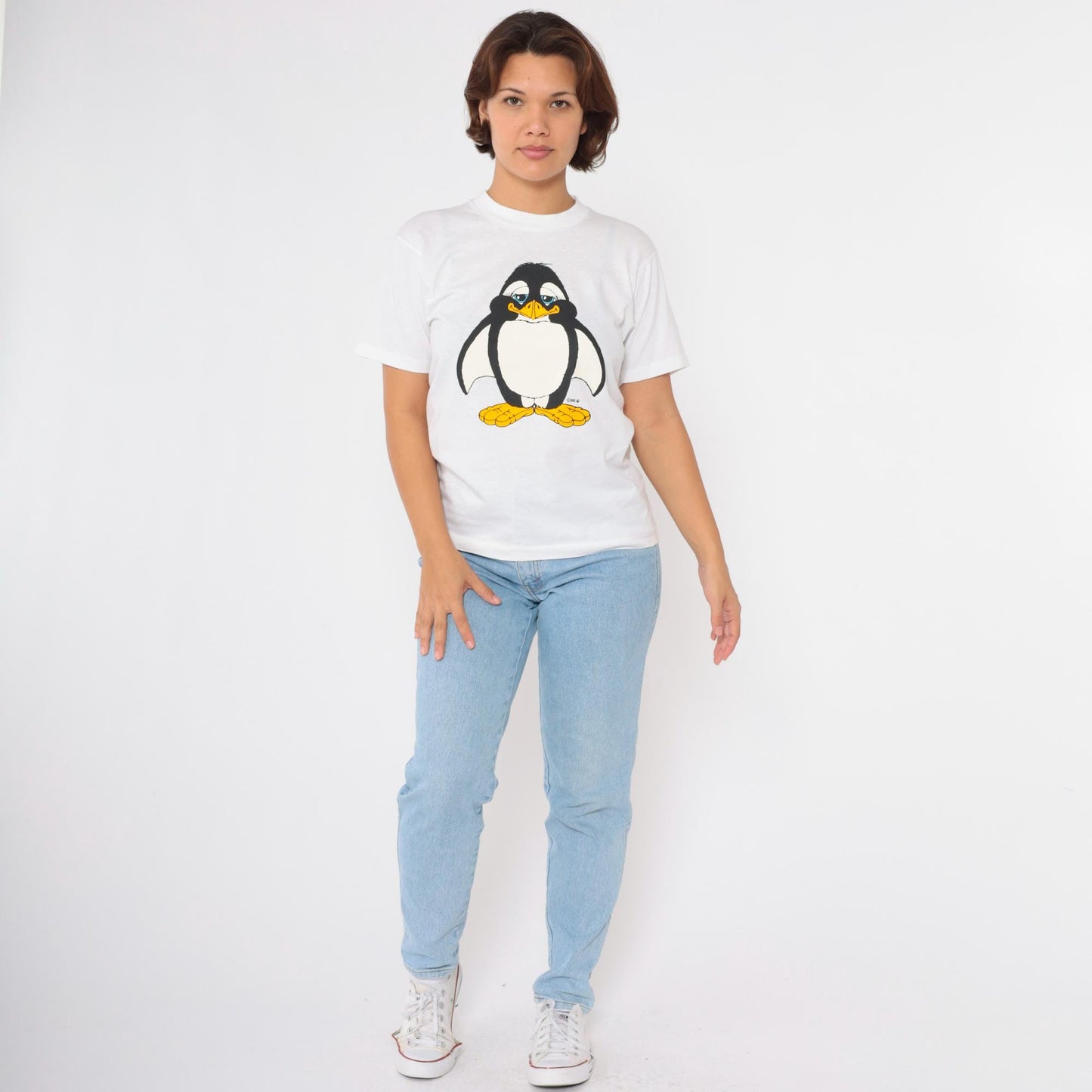 1986 Penguin Graphic T-Shirt "This Penguin Far Exceeds the Average" White Crewneck Small