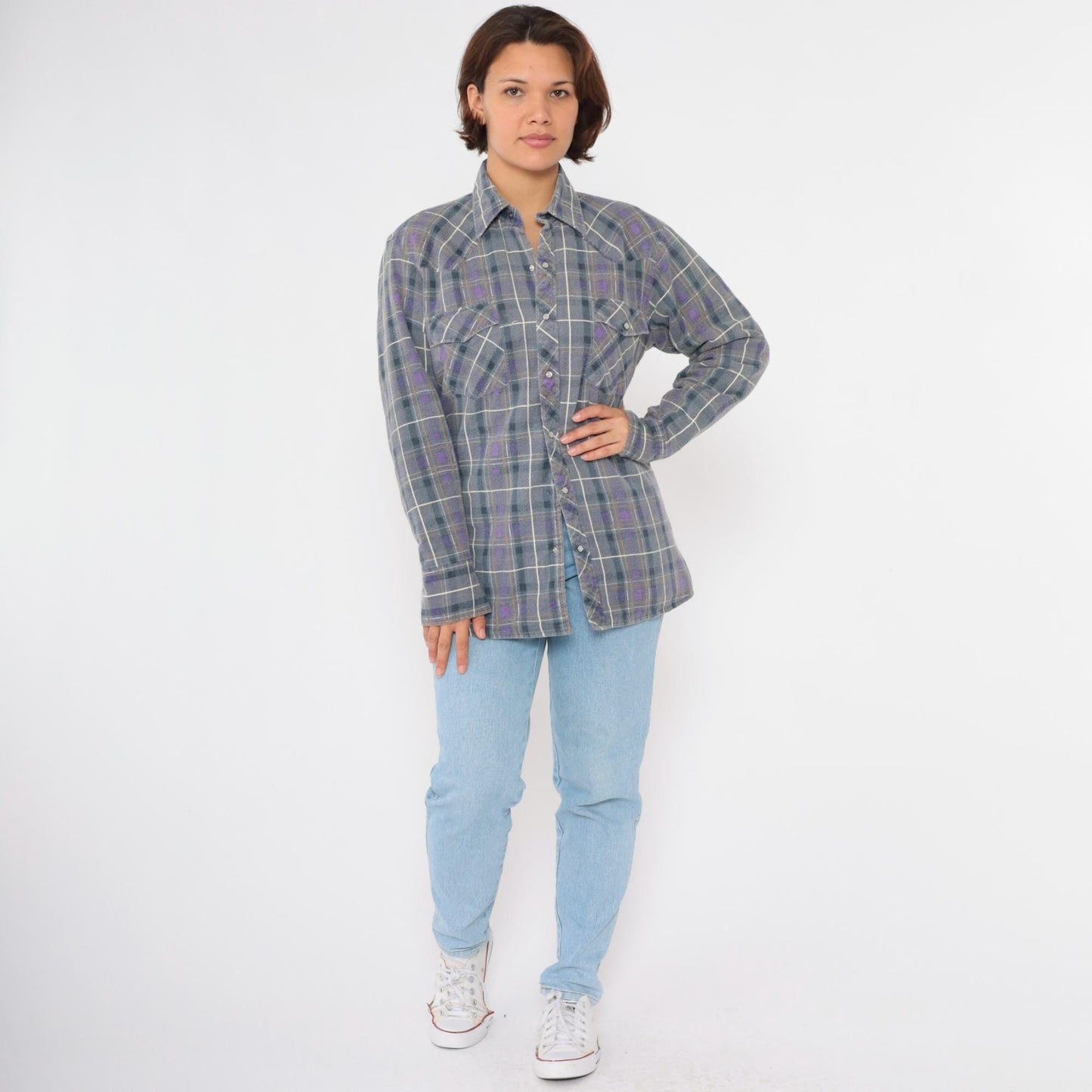 90s Rock Creek Ranch Pearl Snap Flannel Shirt Grey Purple Plaid Medium