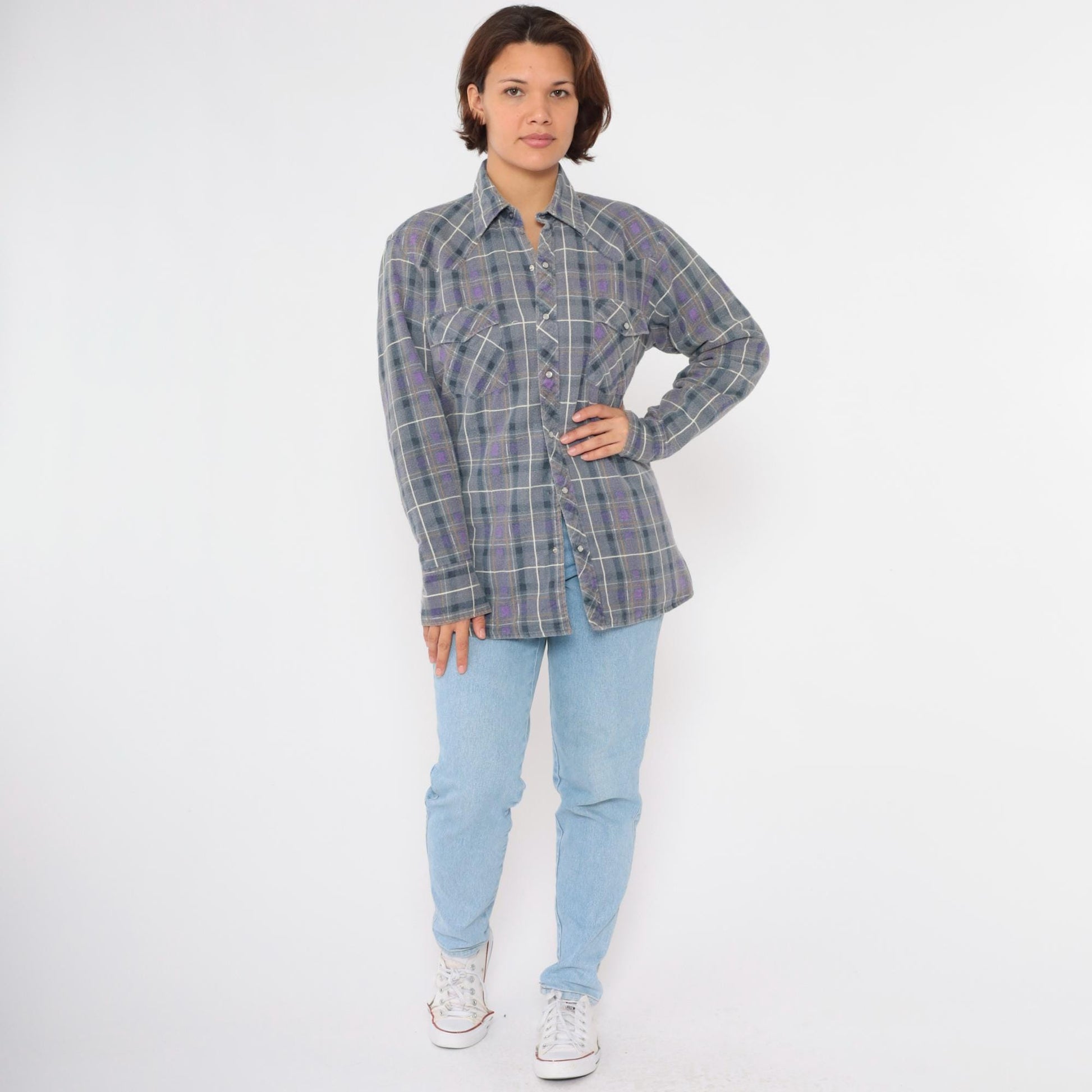 90s Rock Creek Ranch Pearl Snap Flannel Shirt Grey Purple Plaid Medium