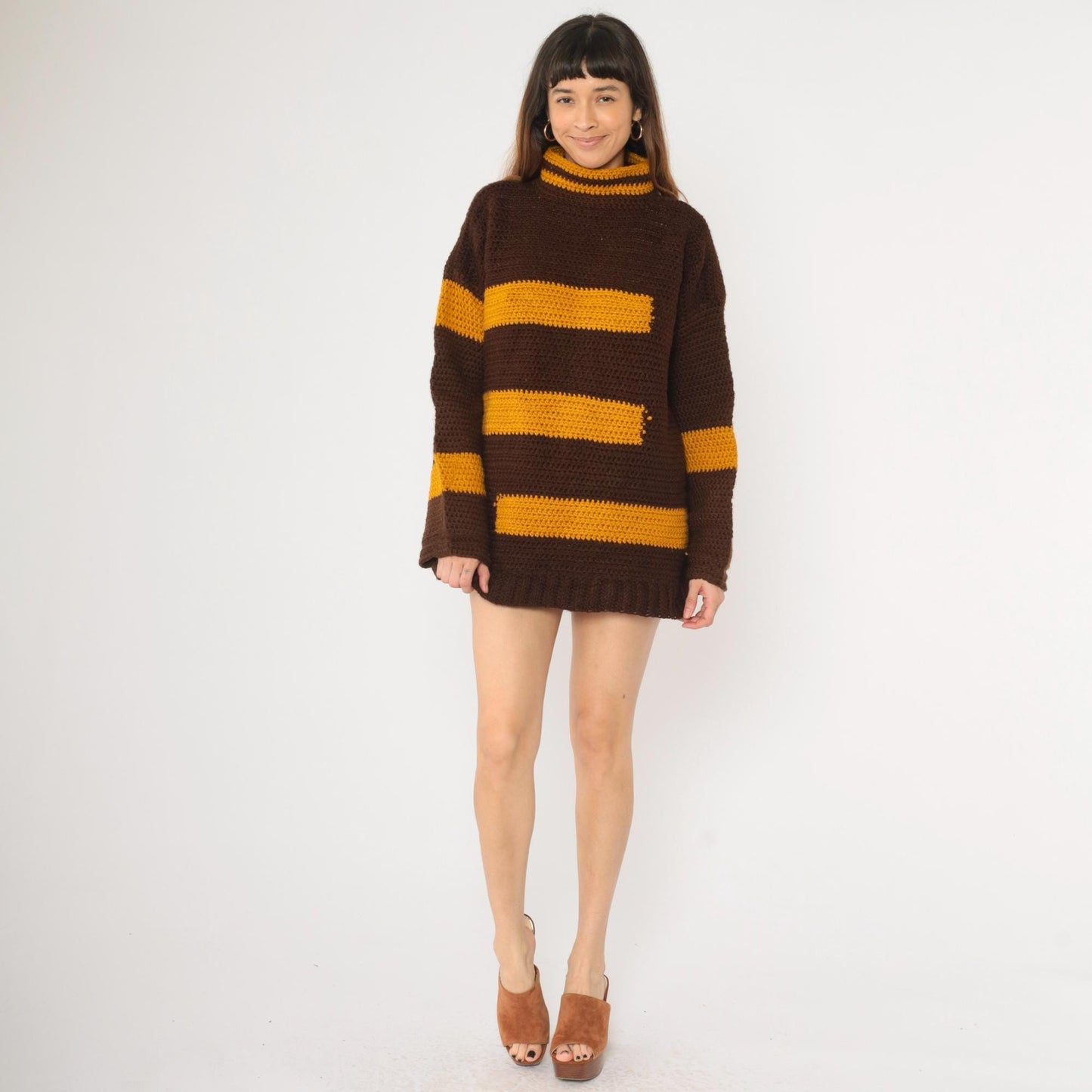 70s Striped Crochet Sweater Brown Mustard Mock Neck Pullover Extra Large
