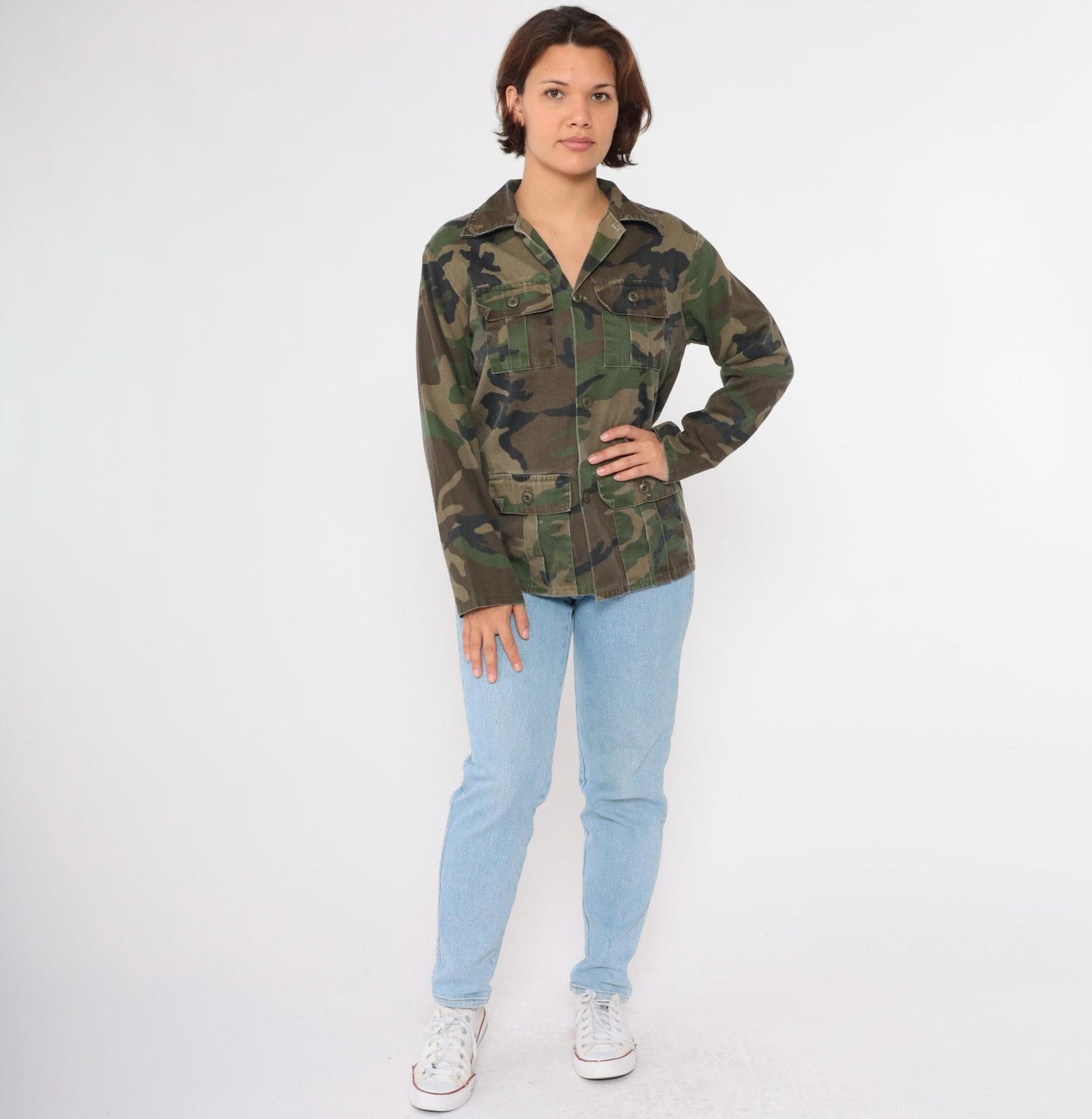 90s Army Camouflage Button-Up Shirt Green Cargo Pockets Small