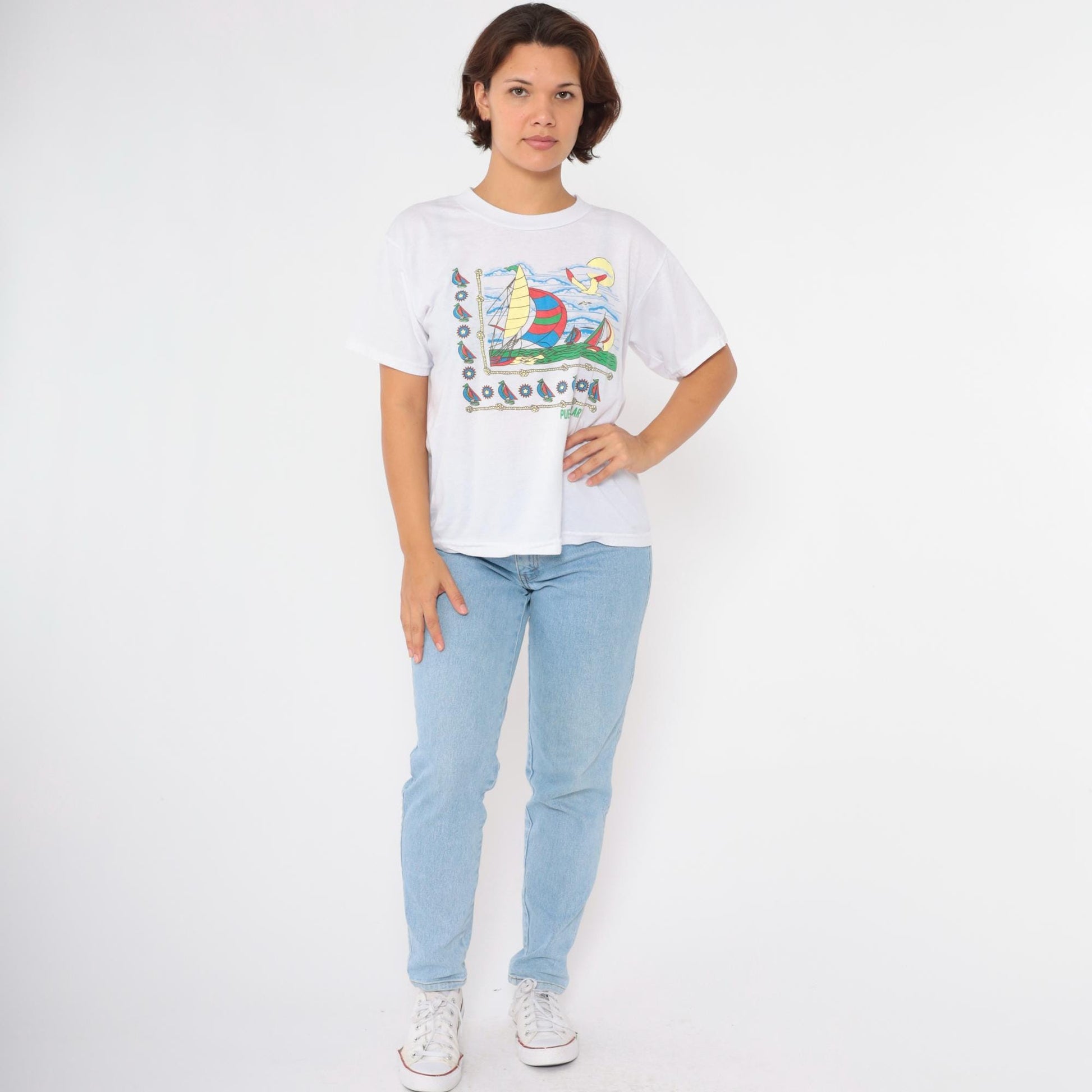 90s Puerto Vallarta Mexico Nautical Sailboat Graphic T-Shirt White Large