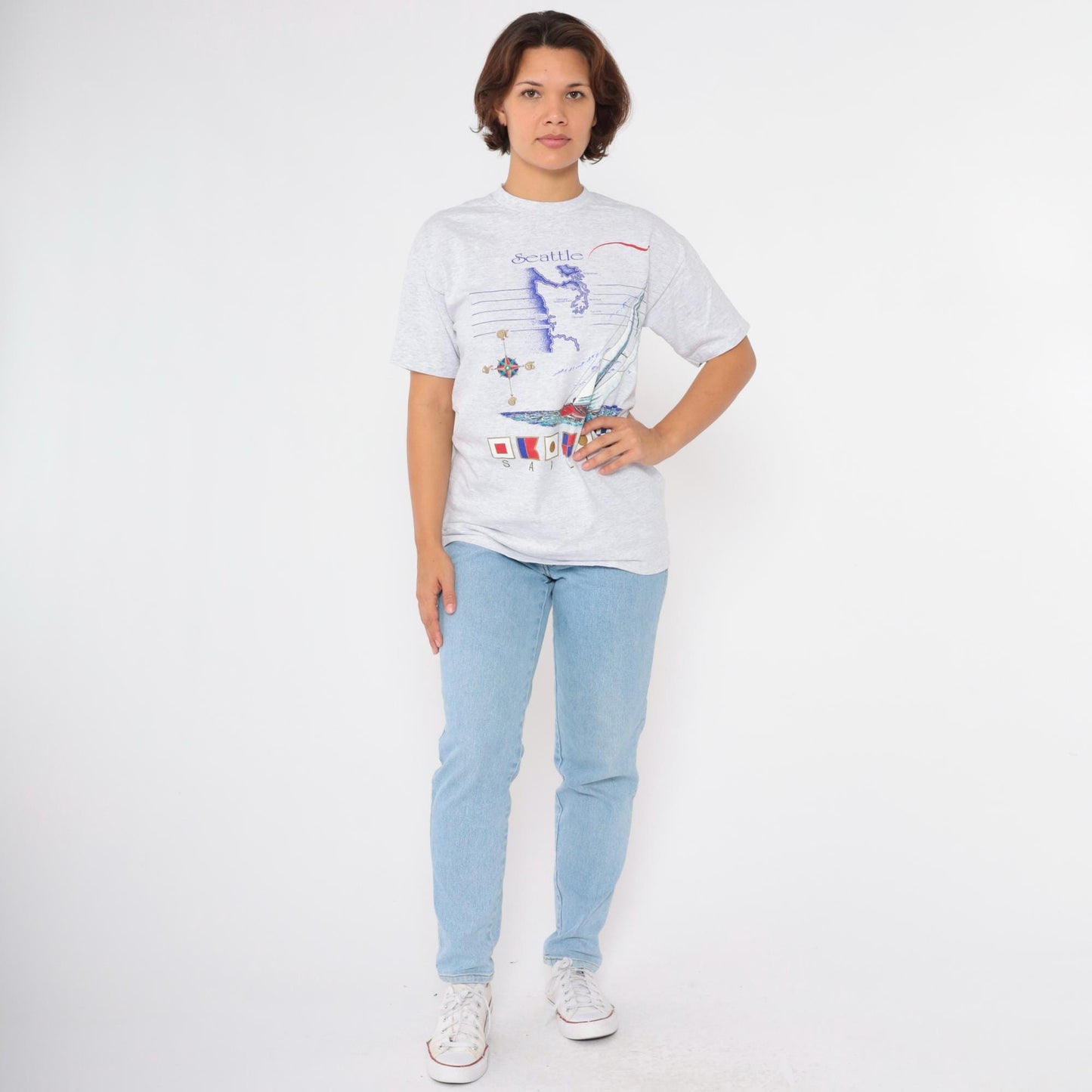 90s Seattle Sailing Graphic T-Shirt Sailboat Print Grey Cotton Medium
