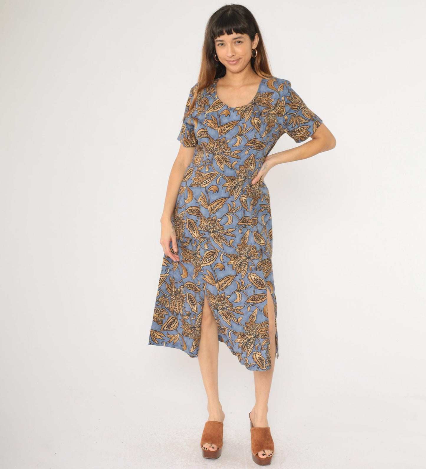 90s Caroline Wells Collection Floral Midi Dress Blue Gold A-Line Medium M